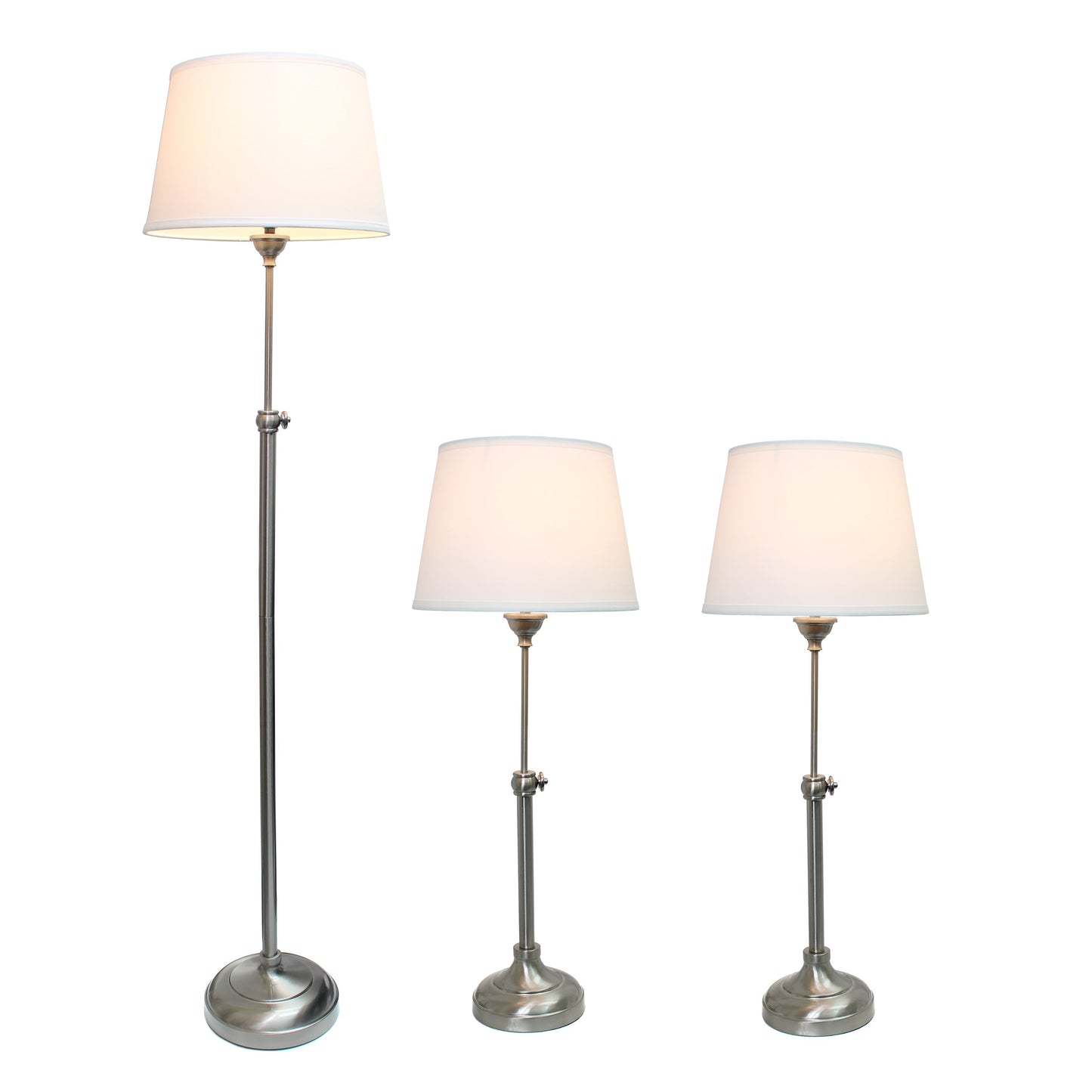 All The Rages Lalia Home Perennial Modern Manhattan Extendable Brushed Nickel Table & Floor Lamp Set With White Tapered Drum Fabric Shades