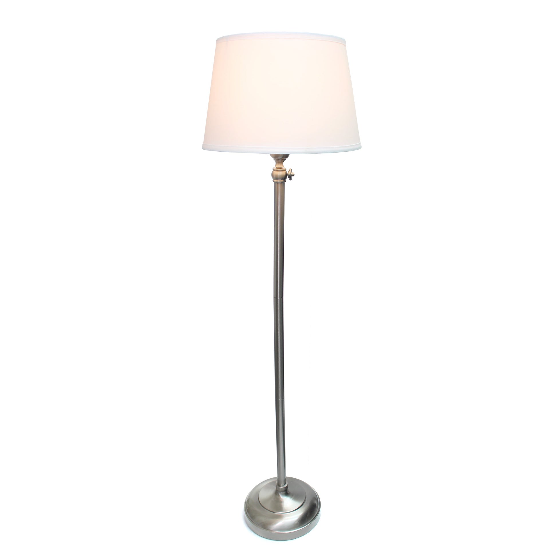 All The Rages Lalia Home Perennial Modern Manhattan Extendable Brushed Nickel Table & Floor Lamp Set With White Tapered Drum Fabric Shades