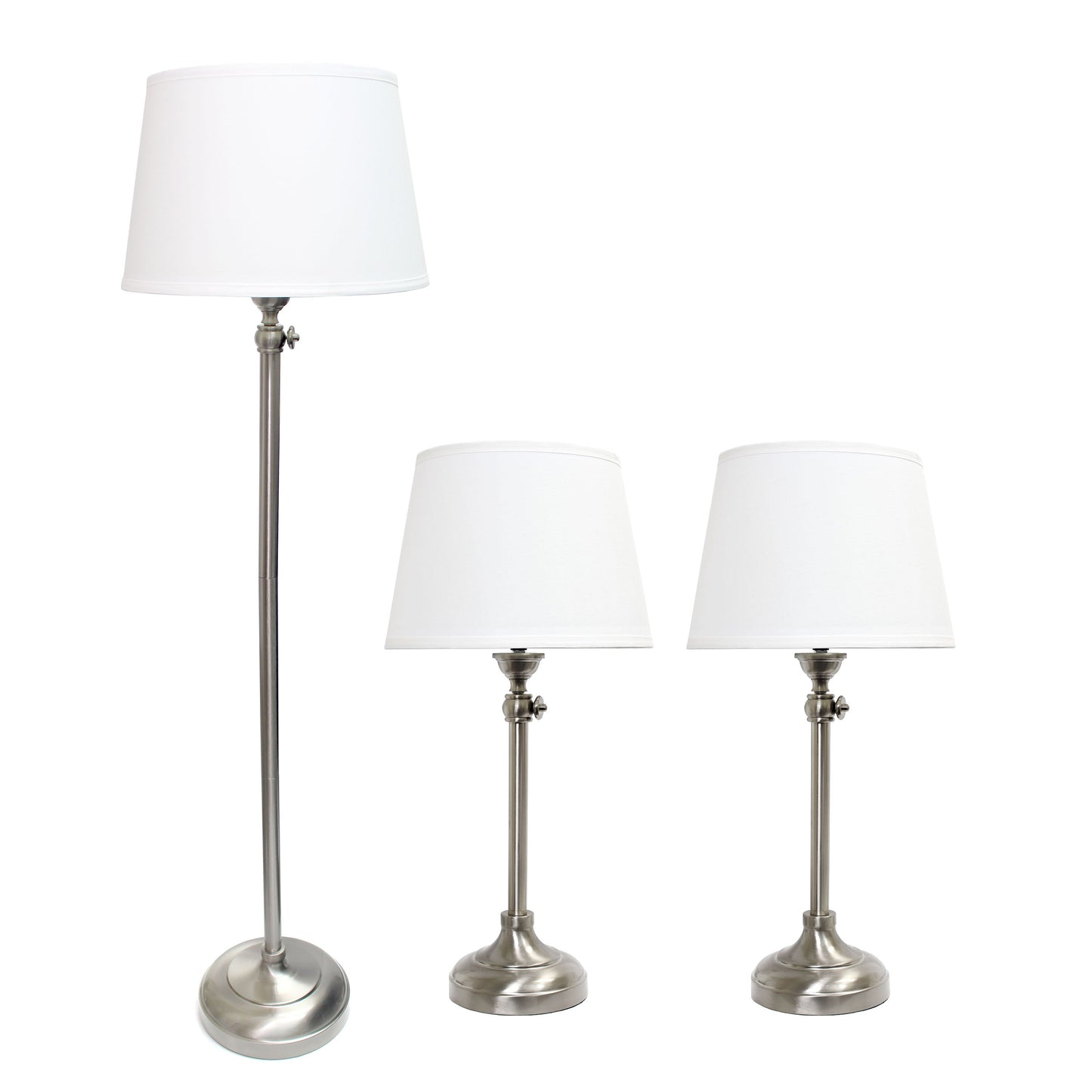 All The Rages Lalia Home Perennial Modern Manhattan Extendable Brushed Nickel Table & Floor Lamp Set With White Tapered Drum Fabric Shades