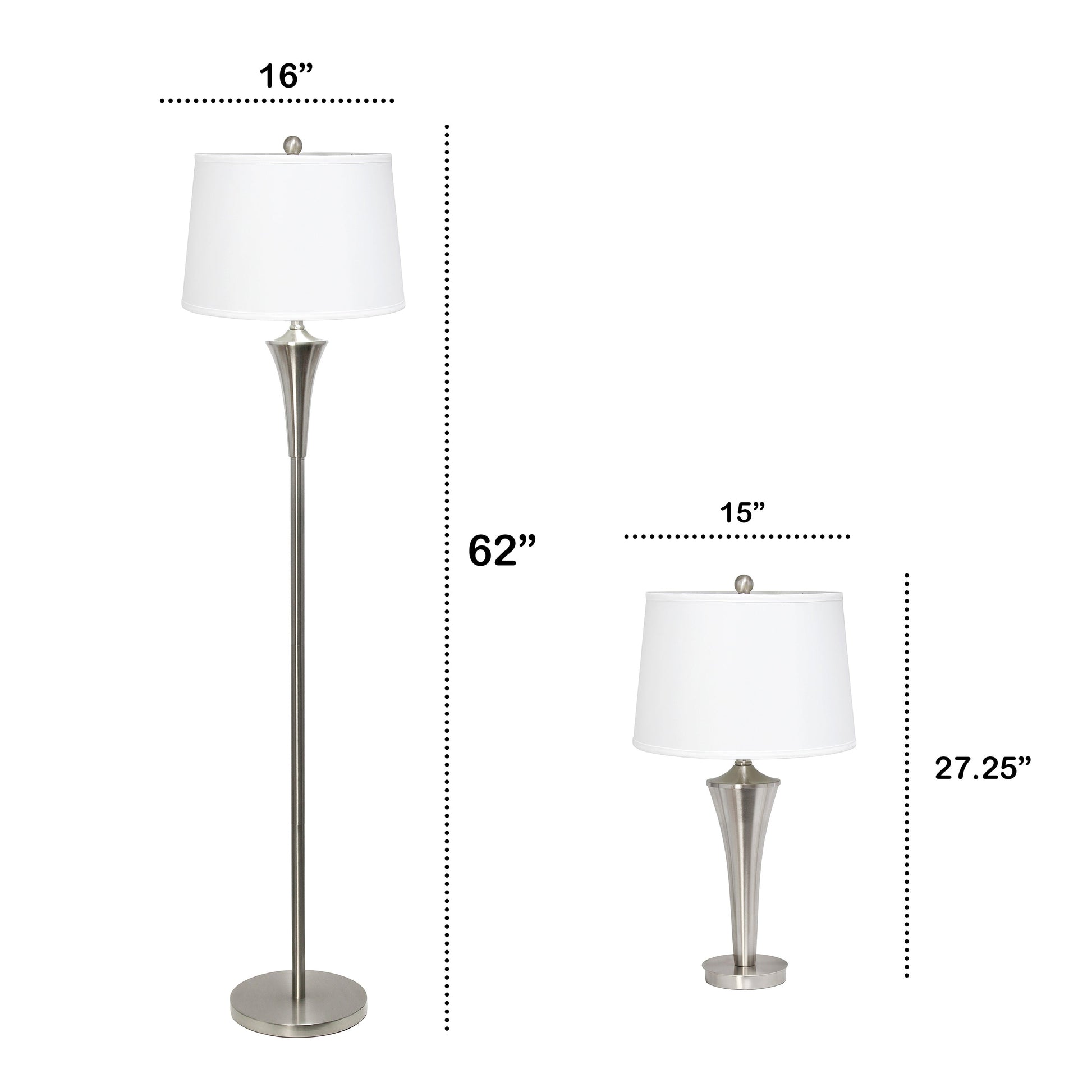 All The Rages Lalia Home Perennial Modern Vienna Brushed Nickel Table & Floor Lamp Set With White Tapered Drum Fabric Shades