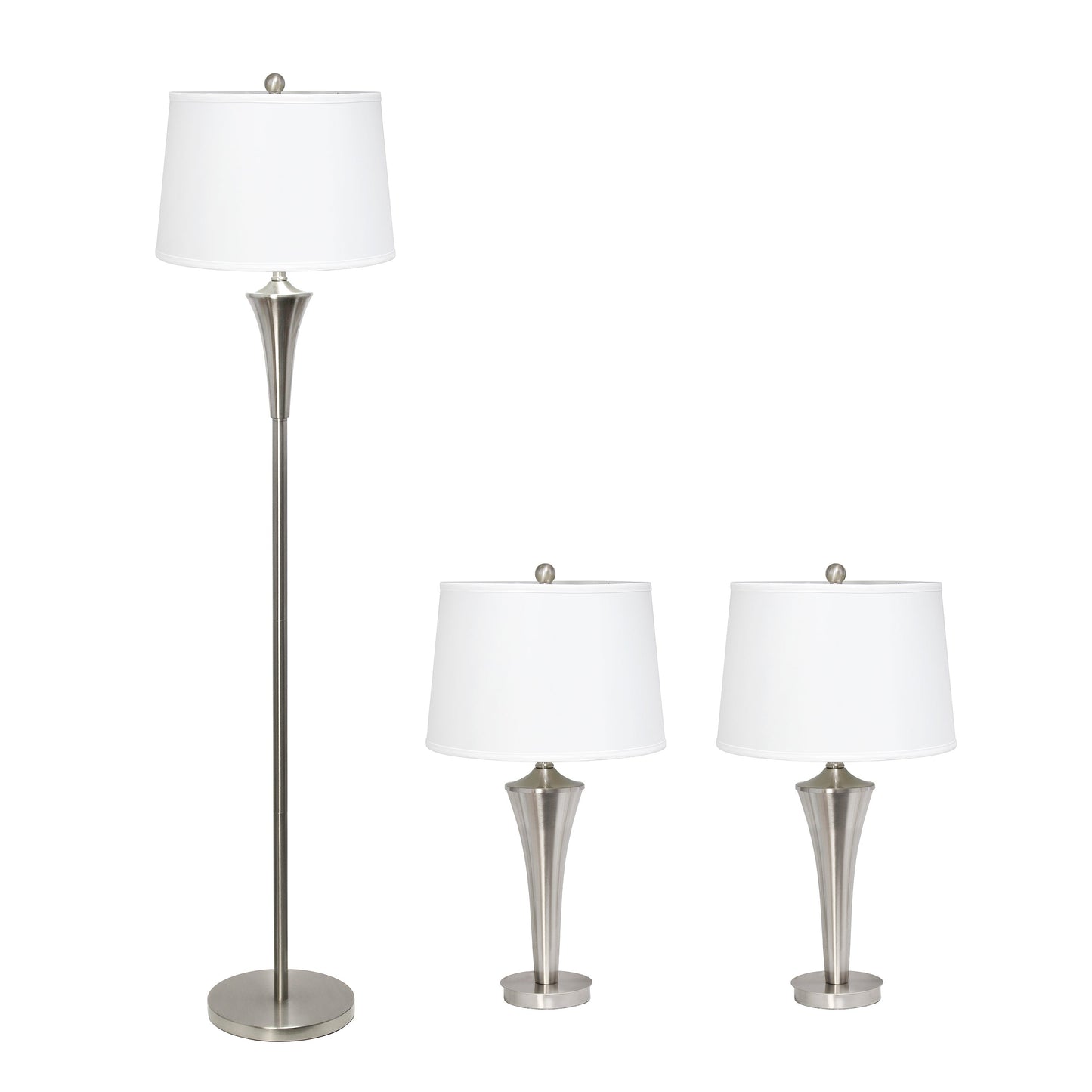 All The Rages Lalia Home Perennial Modern Vienna Brushed Nickel Table & Floor Lamp Set With White Tapered Drum Fabric Shades