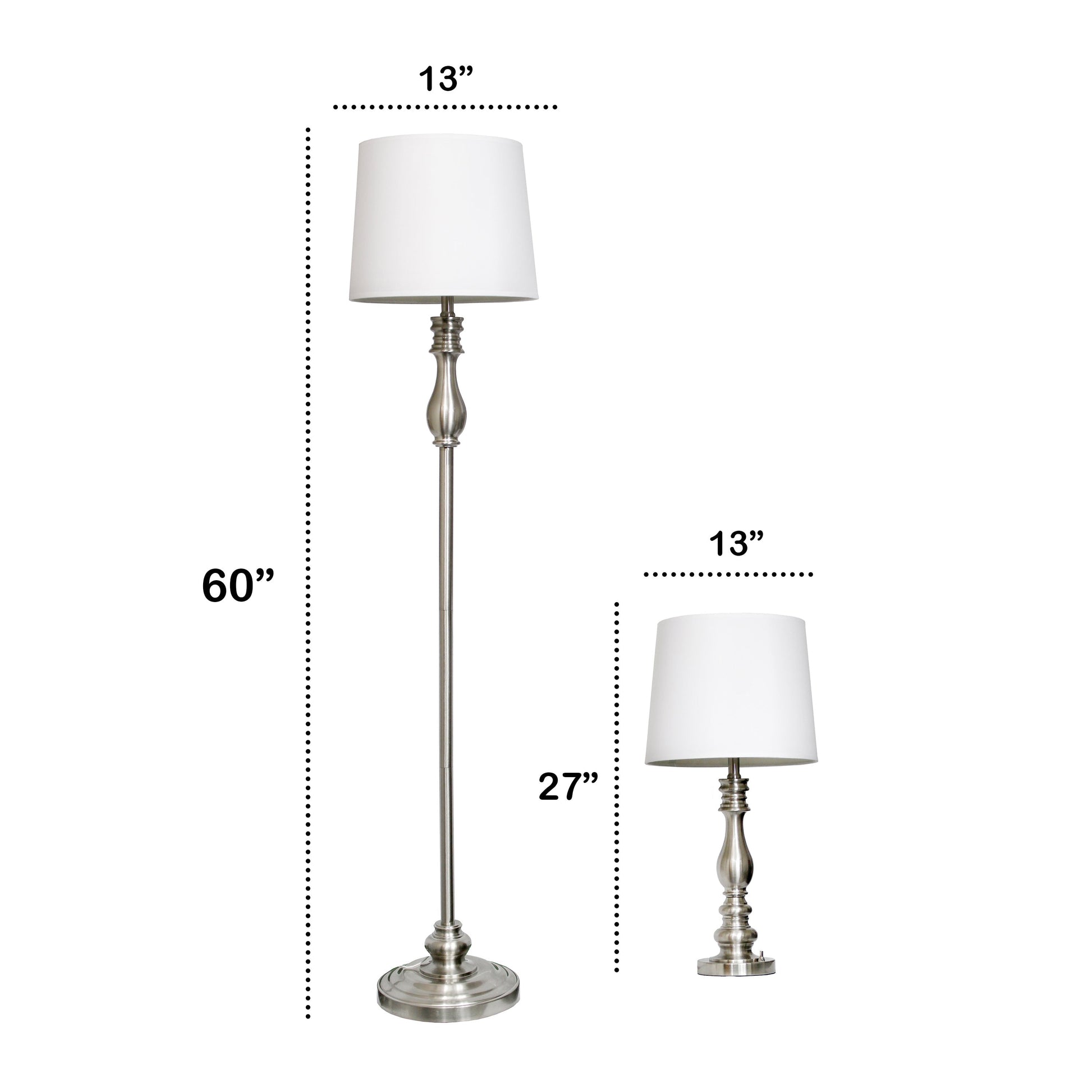 All The Rages Lalia Home Perennial Morocco Classic Brushed Steel Table & Floor Lamp Set With White Drum Fabric Shades