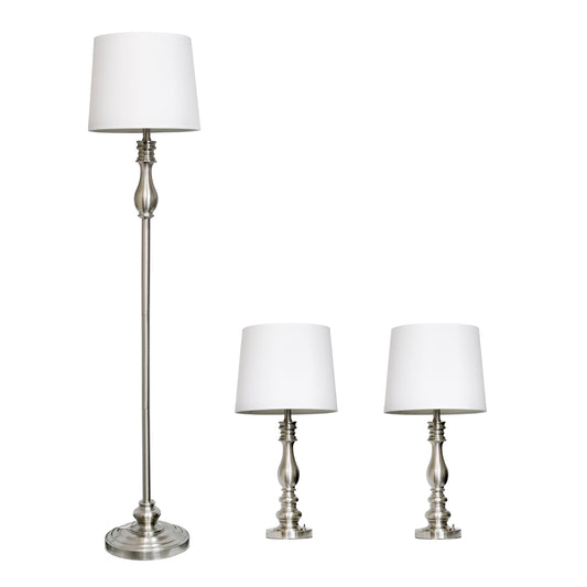 All The Rages Lalia Home Perennial Morocco Classic Brushed Steel Table & Floor Lamp Set With White Drum Fabric Shades