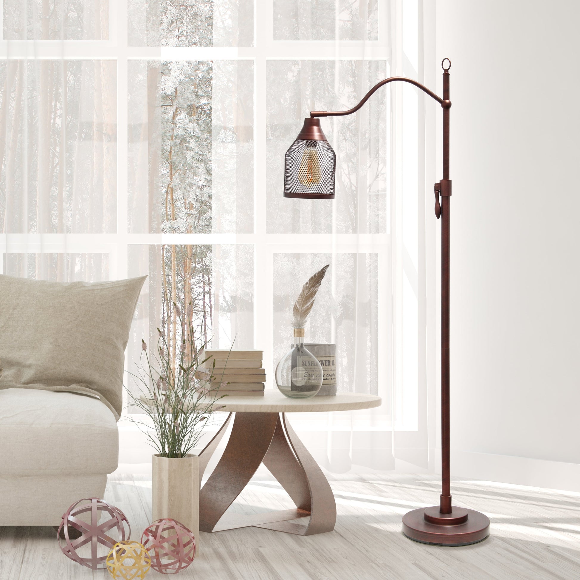 All The Rages Lalia Home Red Bronze Vintage Arched 1-Light Floor Lamp With Iron Mesh Shade