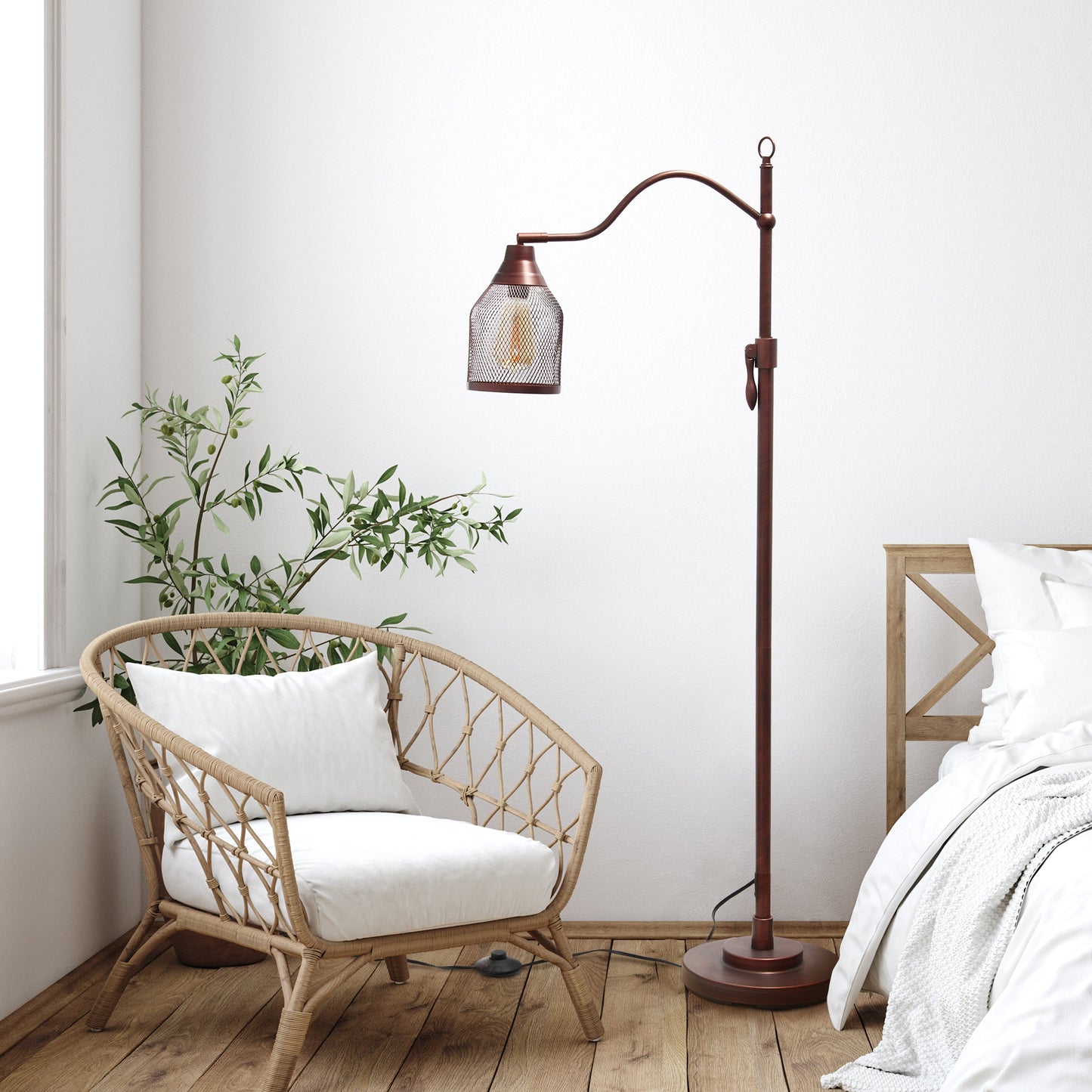 All The Rages Lalia Home Red Bronze Vintage Arched 1-Light Floor Lamp With Iron Mesh Shade