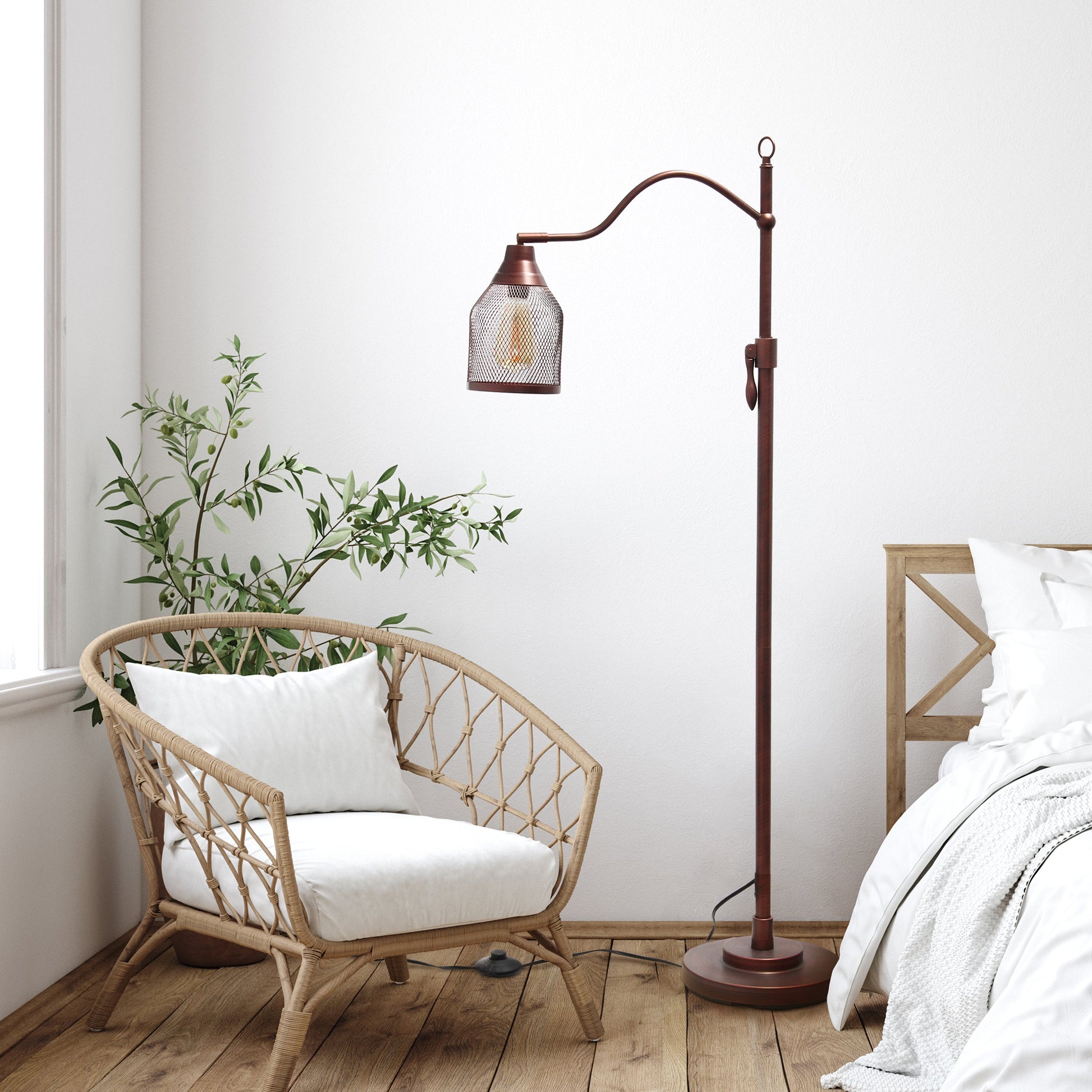 All The Rages Lalia Home Red Bronze Vintage Arched 1-Light Floor Lamp With Iron Mesh Shade