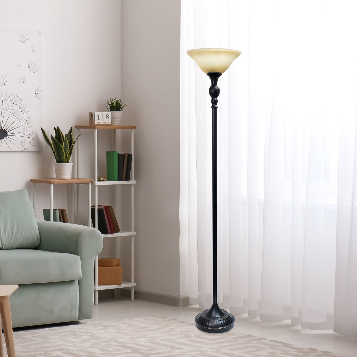 All The Rages Lalia Home Restoration Bronze 1-Light Classic Torchiere Floor Lamp With Marbleized Glass Shade