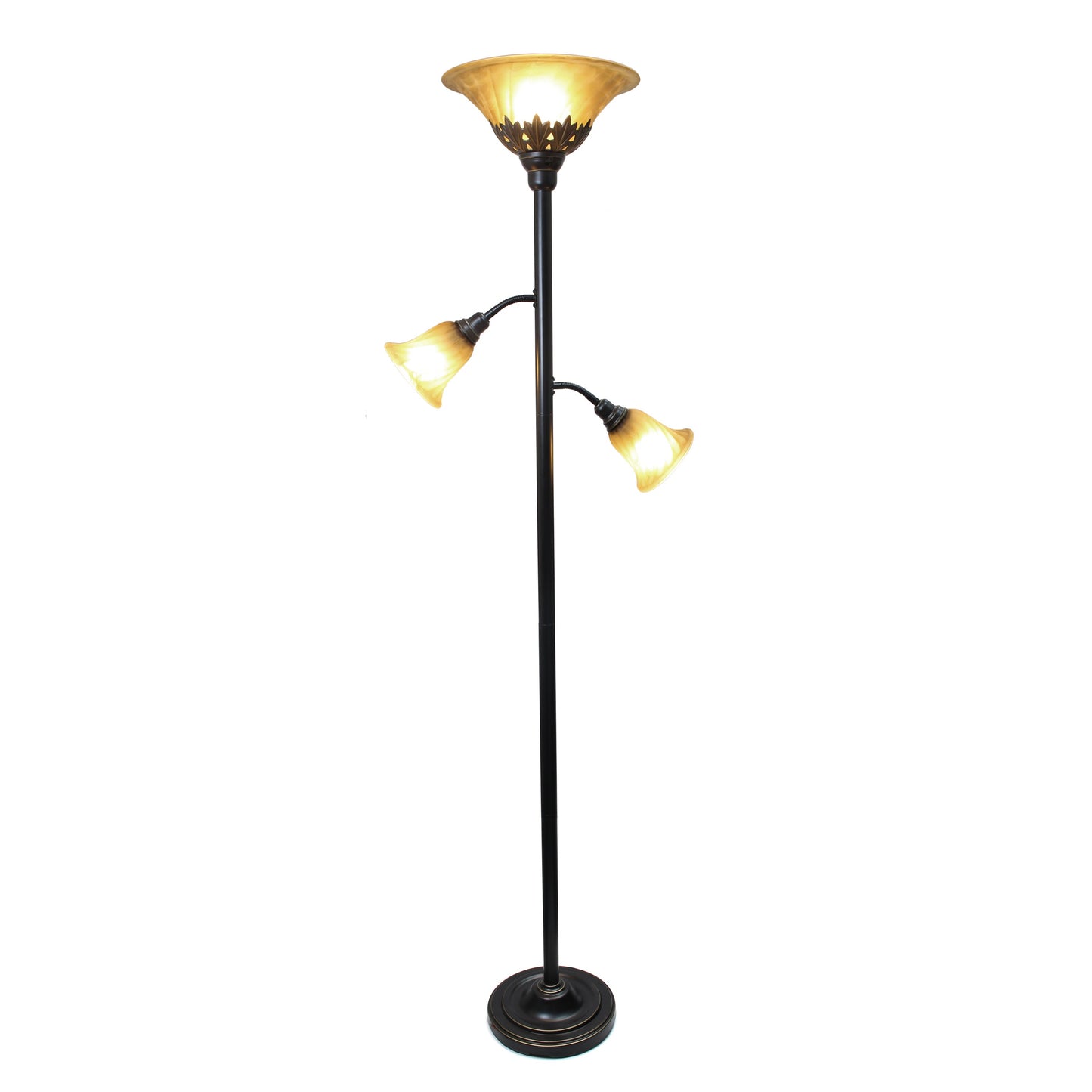 All The Rages Lalia Home Restoration Bronze Torchiere Floor Lamp With 2 Reading Lights & Scalloped Glass Shades