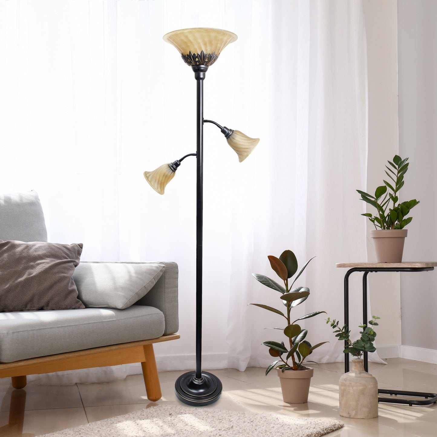 All The Rages Lalia Home Restoration Bronze Torchiere Floor Lamp With 2 Reading Lights & Scalloped Glass Shades