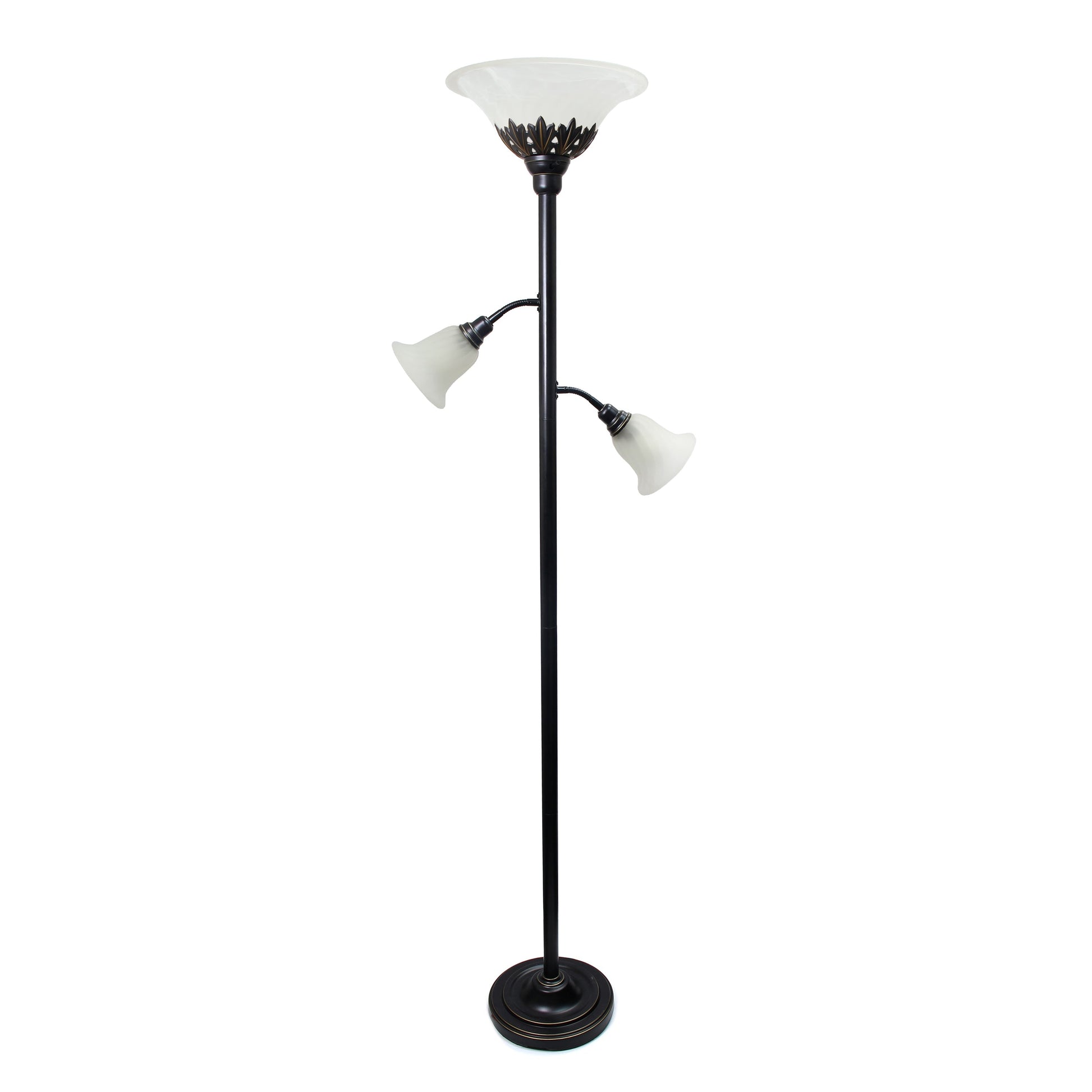 All The Rages Lalia Home Restoration Bronze Torchiere Floor Lamp With 2 Reading Lights & Scalloped Glass Shades