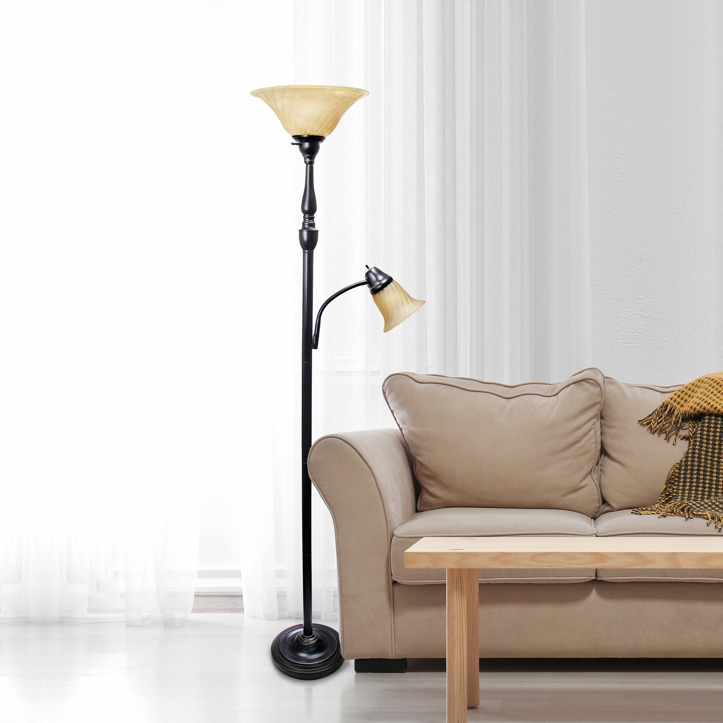 All The Rages Lalia Home Restoration Bronze Torchiere Floor Lamp With Reading Light & Marble Glass Shades