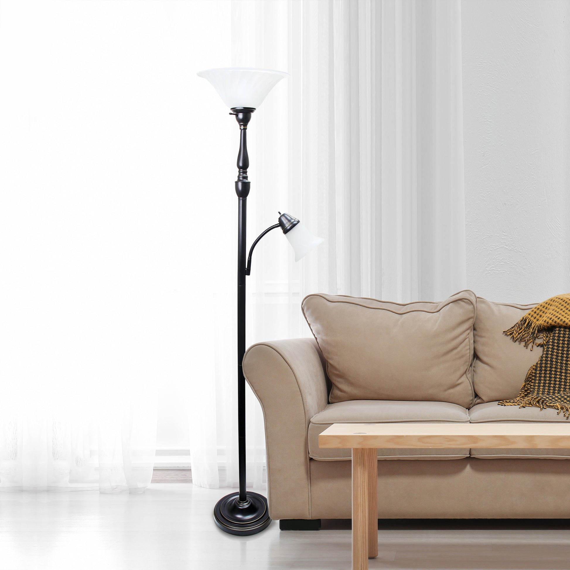 All The Rages Lalia Home Restoration Bronze Torchiere Floor Lamp With Reading Light & Marble Glass Shades