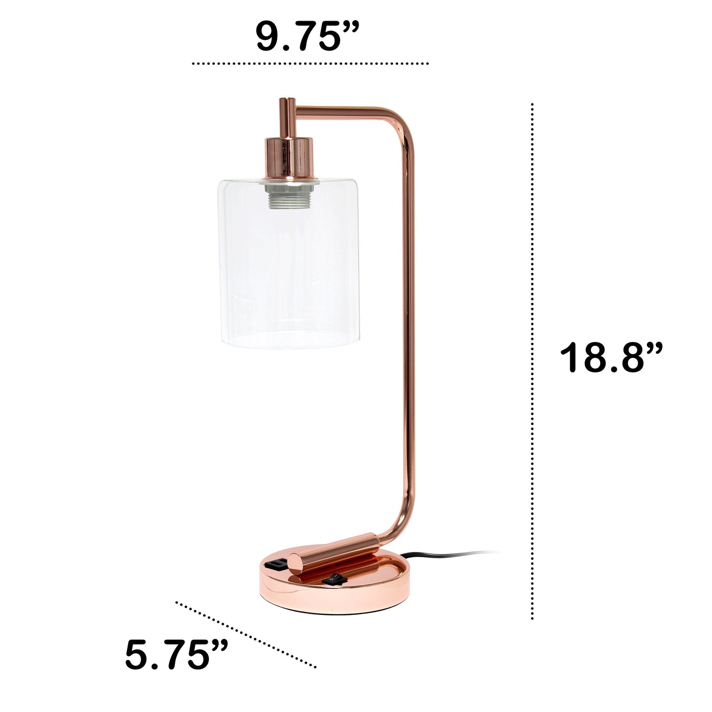 All The Rages Lalia Home Rose Gold Iron Table Lamp With USB Port & Glass Shade