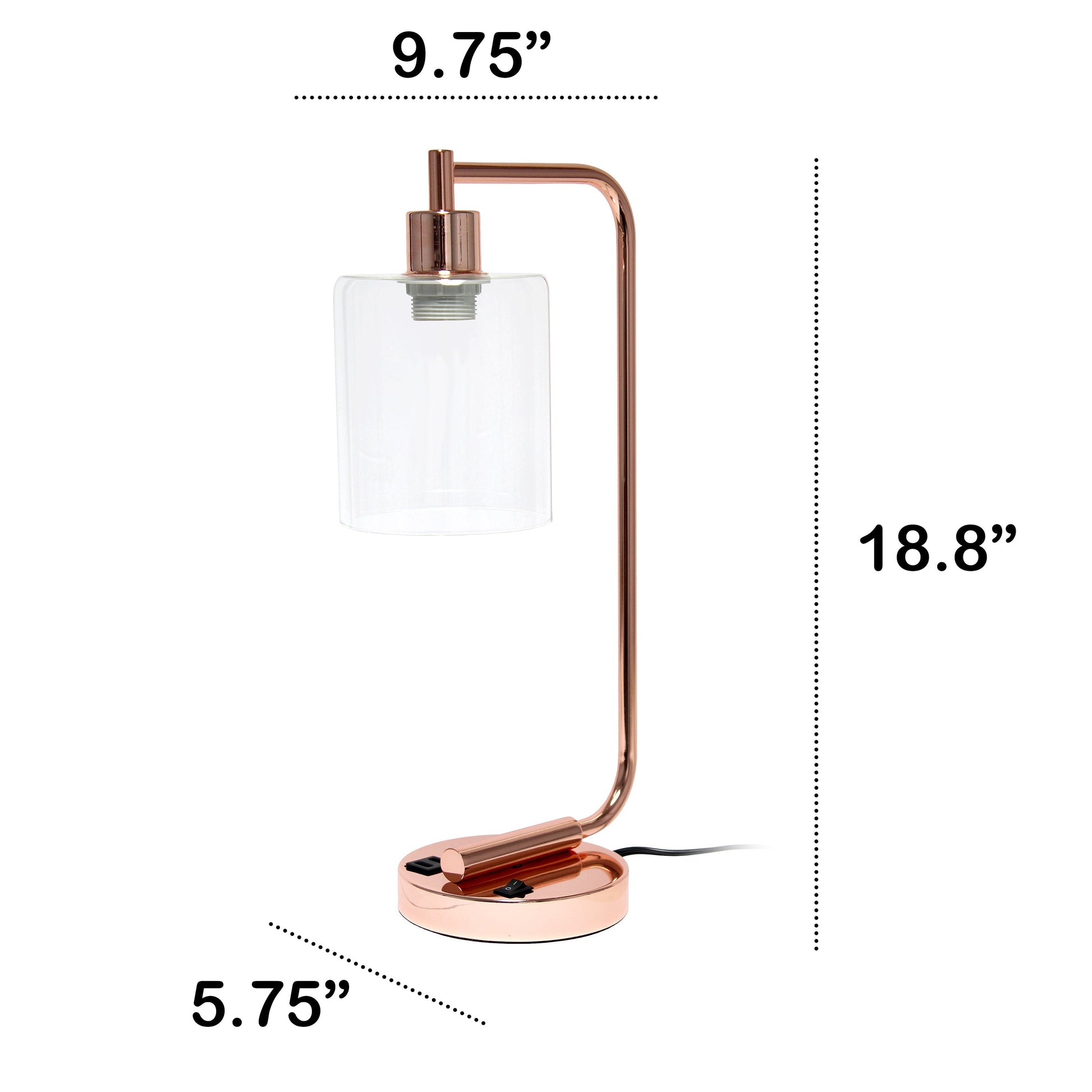 All The Rages Lalia Home Rose Gold Iron Table Lamp With USB Port & Glass Shade
