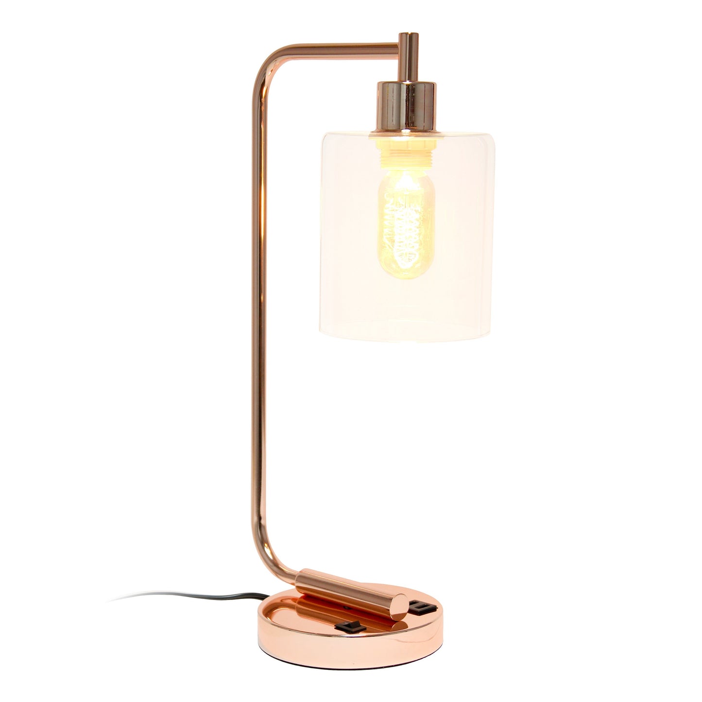 All The Rages Lalia Home Rose Gold Iron Table Lamp With USB Port & Glass Shade