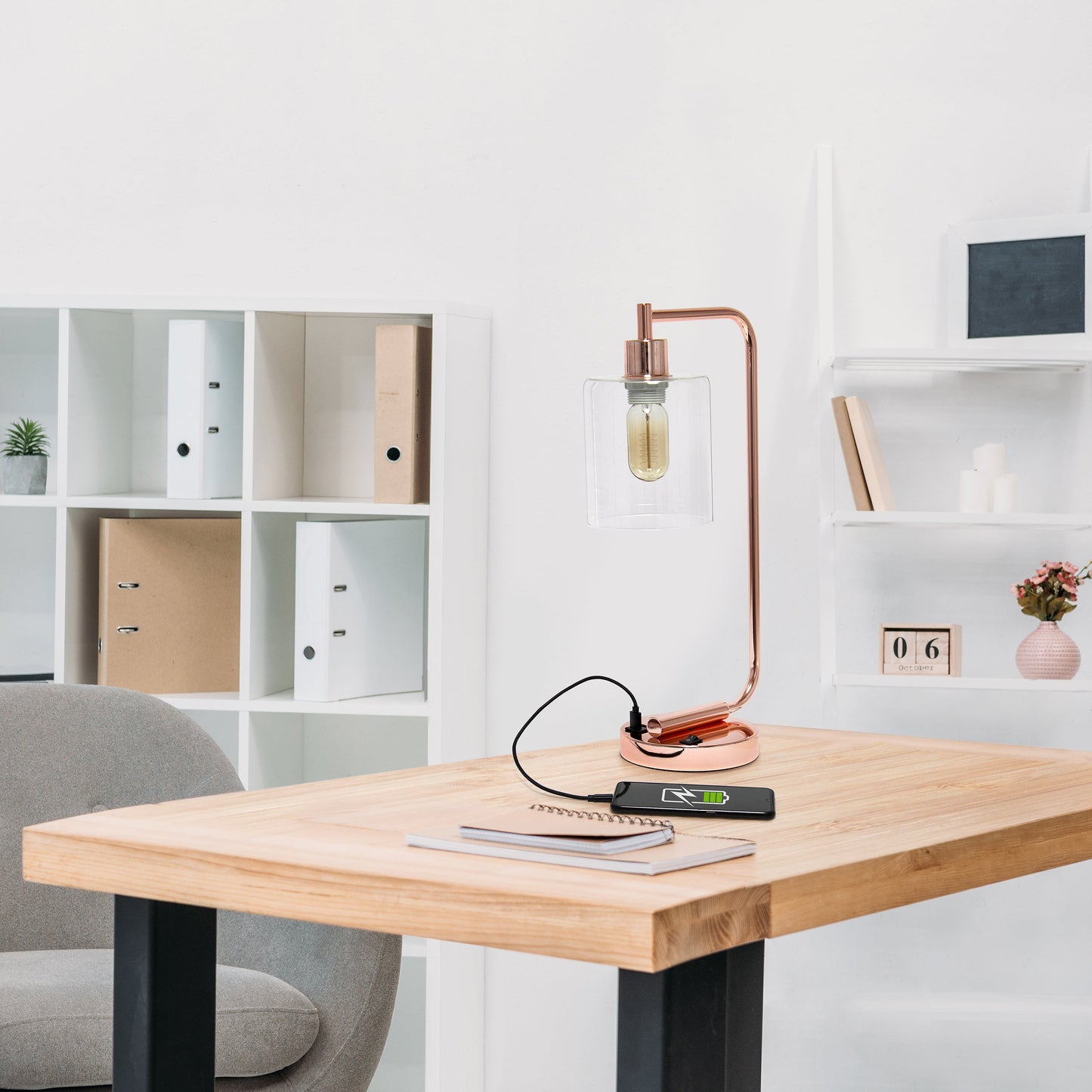 All The Rages Lalia Home Rose Gold Iron Table Lamp With USB Port & Glass Shade