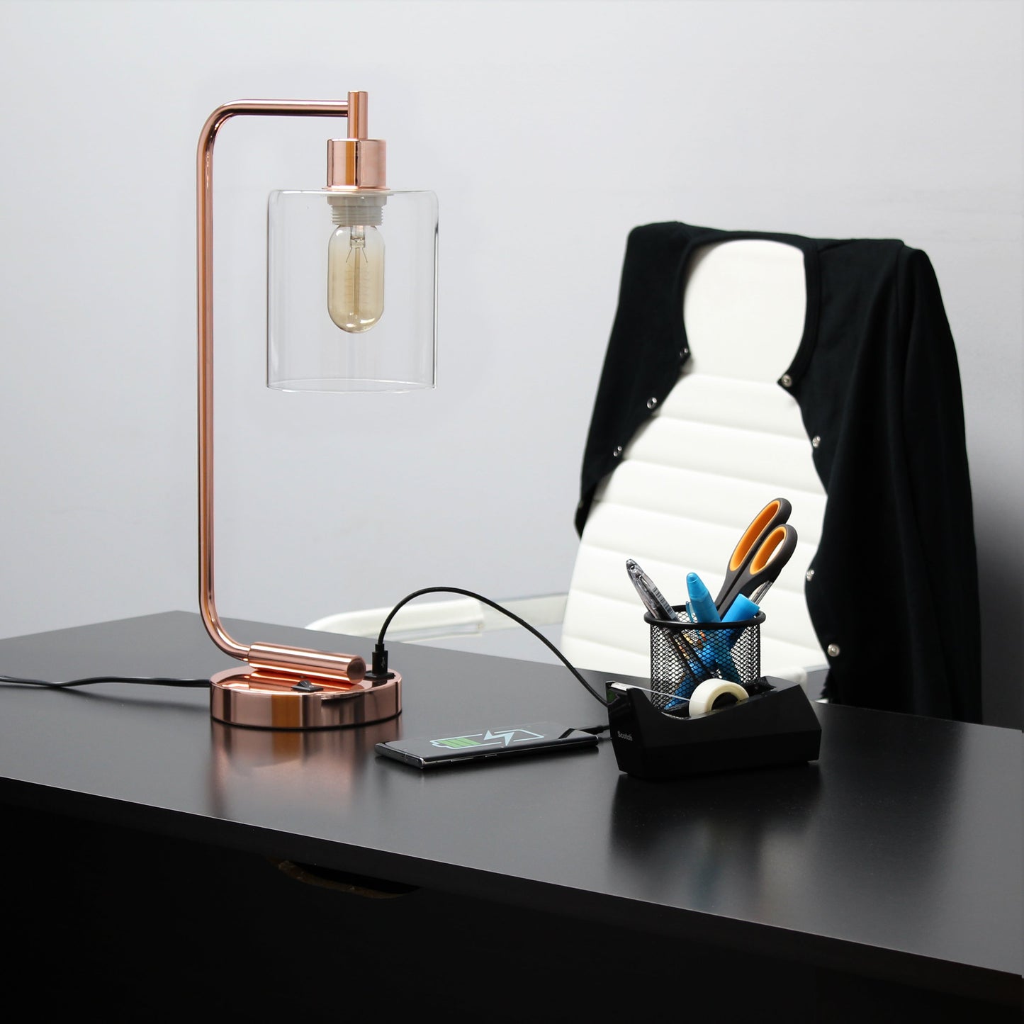 All The Rages Lalia Home Rose Gold Iron Table Lamp With USB Port & Glass Shade