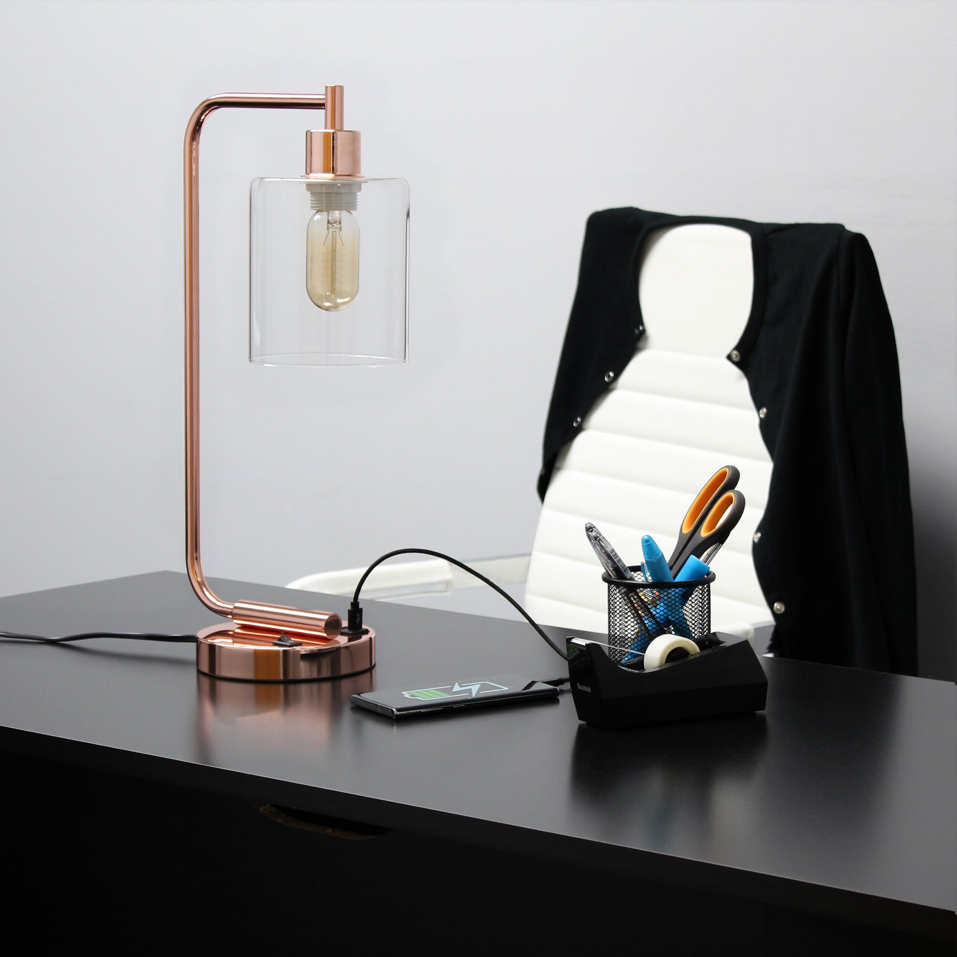 All The Rages Lalia Home Rose Gold Iron Table Lamp With USB Port & Glass Shade
