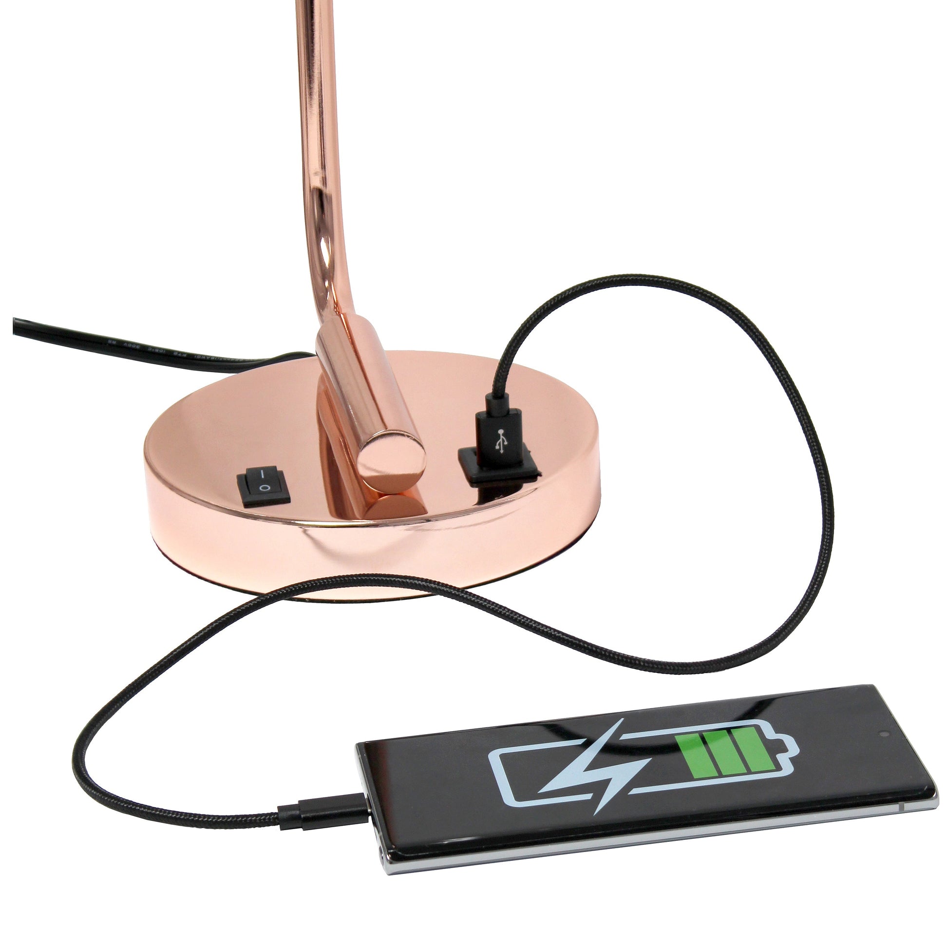 All The Rages Lalia Home Rose Gold Iron Table Lamp With USB Port & Glass Shade