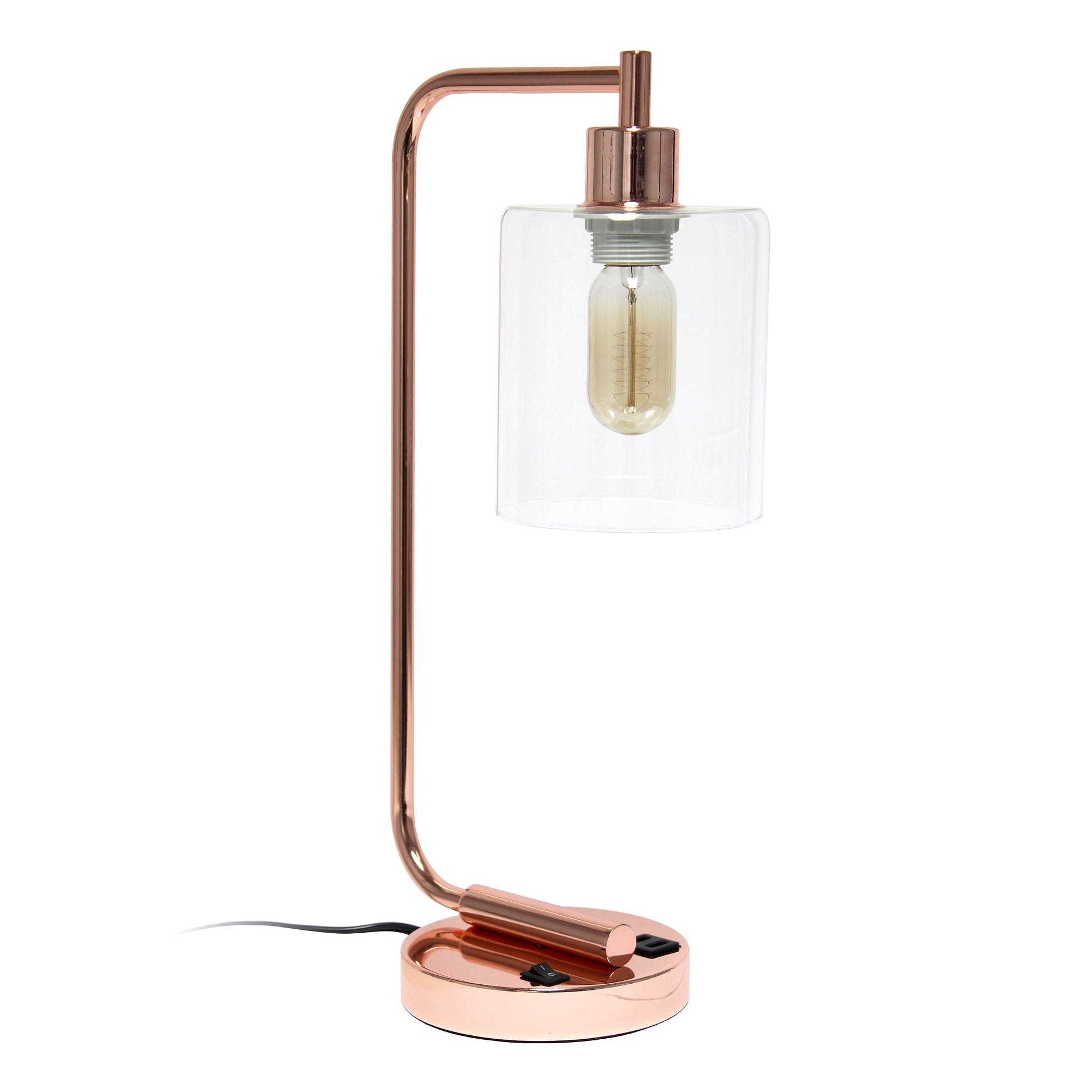 All The Rages Lalia Home Rose Gold Iron Table Lamp With USB Port & Glass Shade