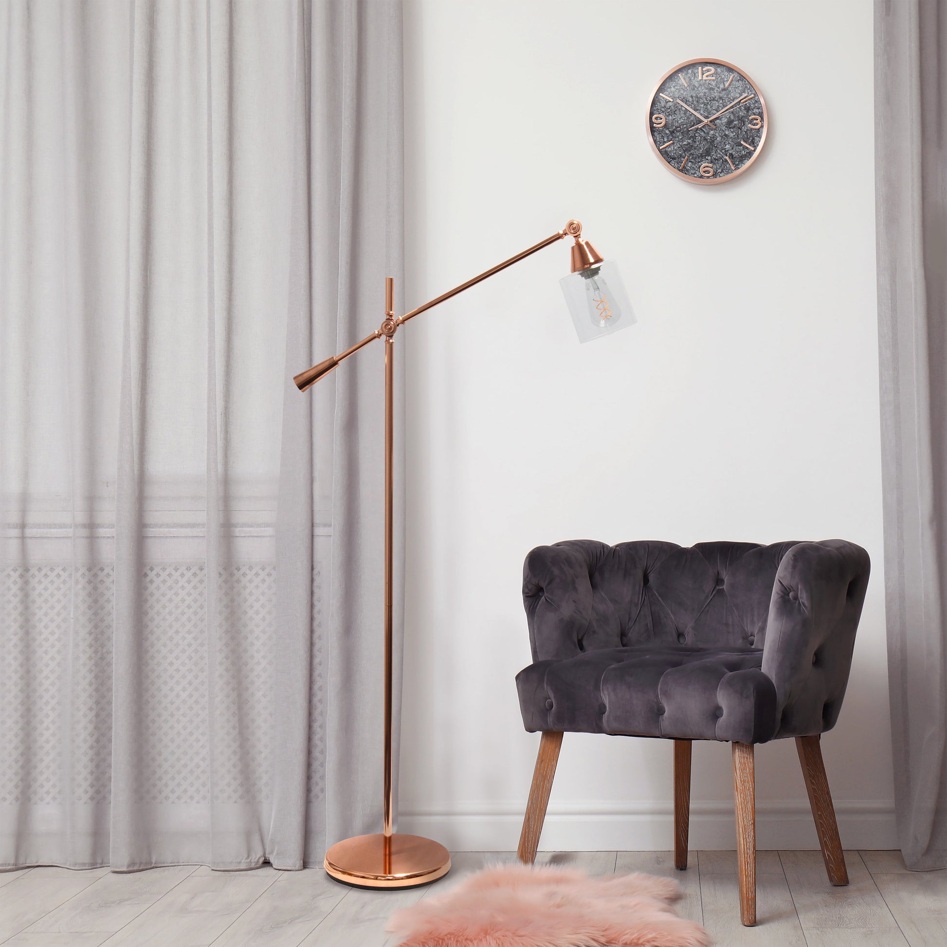 All The Rages Lalia Home Rose Gold Swing Arm Floor Lamp With Clear Glass Cylindrical Shade