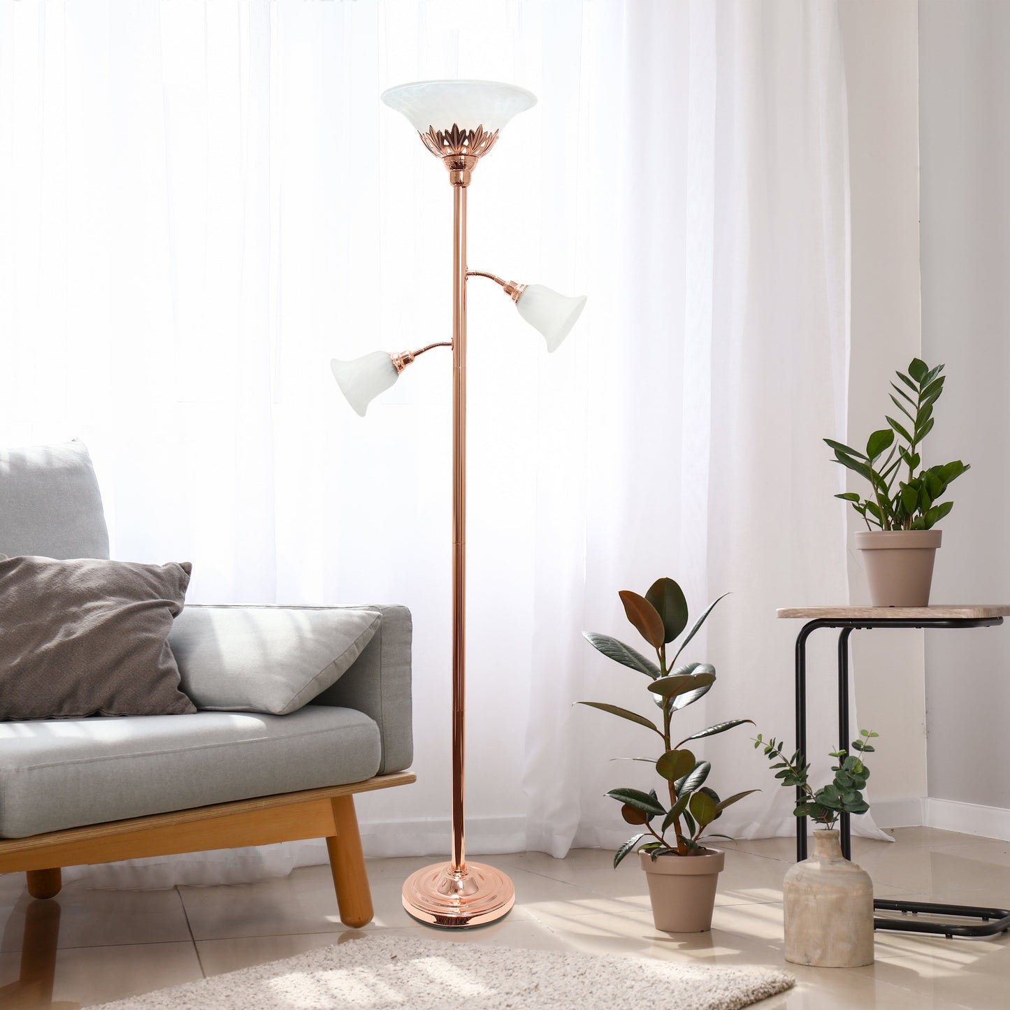 All The Rages Lalia Home Rose Gold Torchiere Floor Lamp With 2 Reading Lights & Scalloped Glass Shades