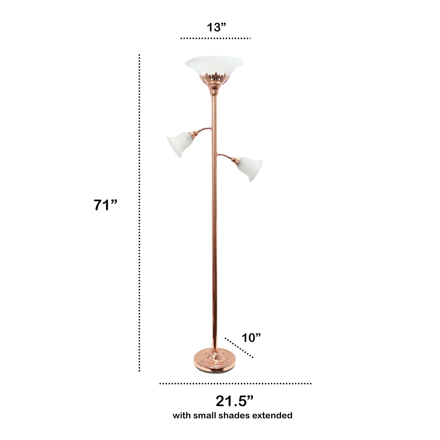 All The Rages Lalia Home Rose Gold Torchiere Floor Lamp With 2 Reading Lights & Scalloped Glass Shades