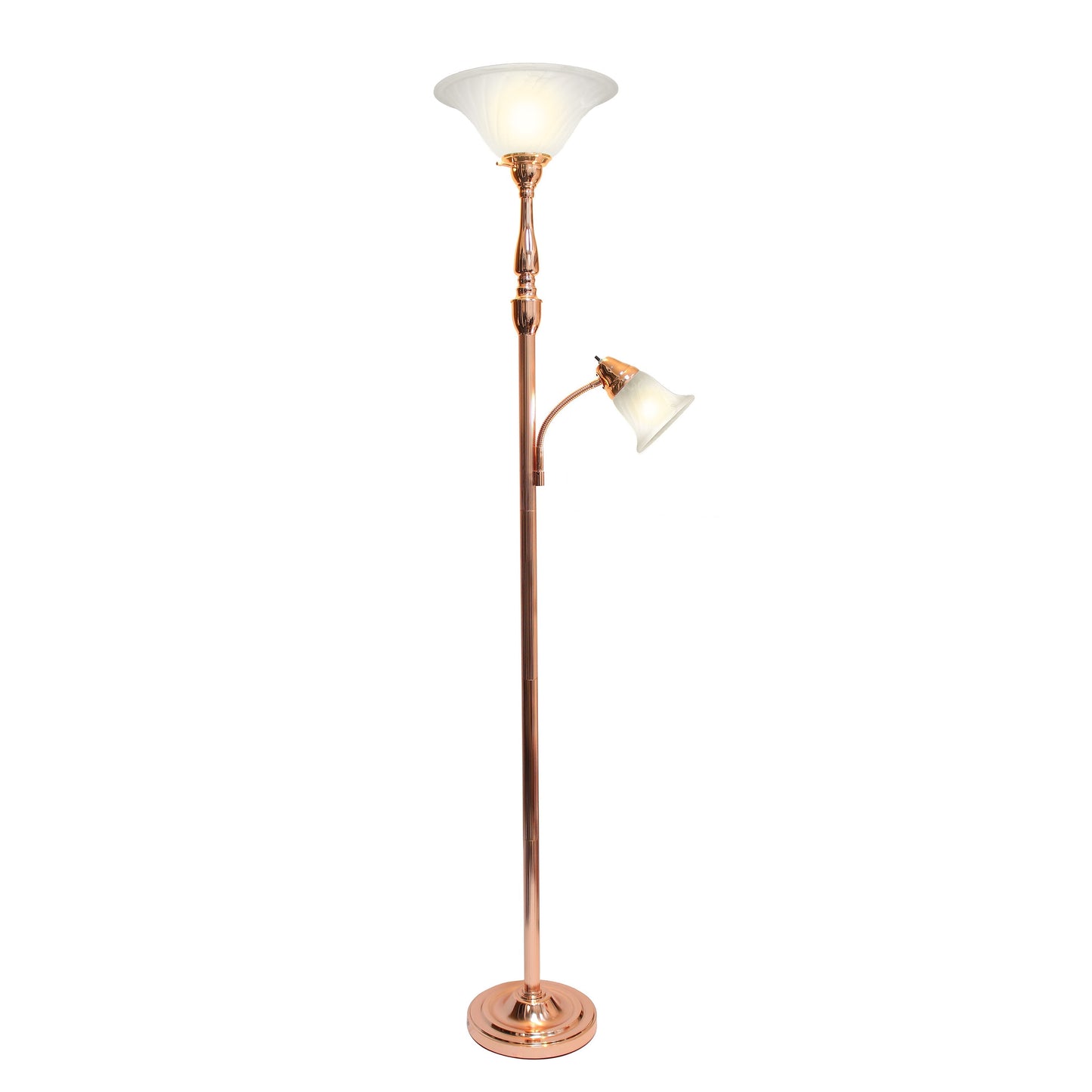 All The Rages Lalia Home Rose Gold Torchiere Floor Lamp With Reading Light & Marble Glass Shades