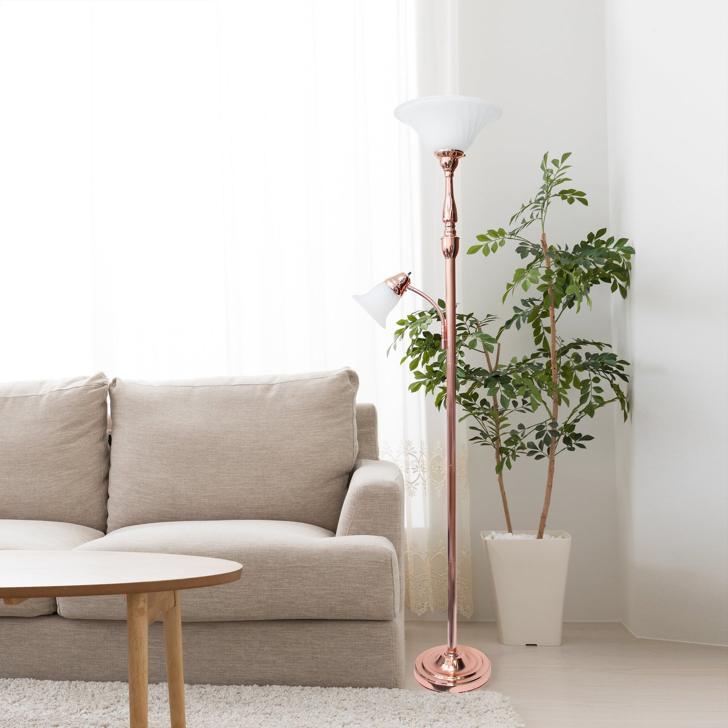 All The Rages Lalia Home Rose Gold Torchiere Floor Lamp With Reading Light & Marble Glass Shades