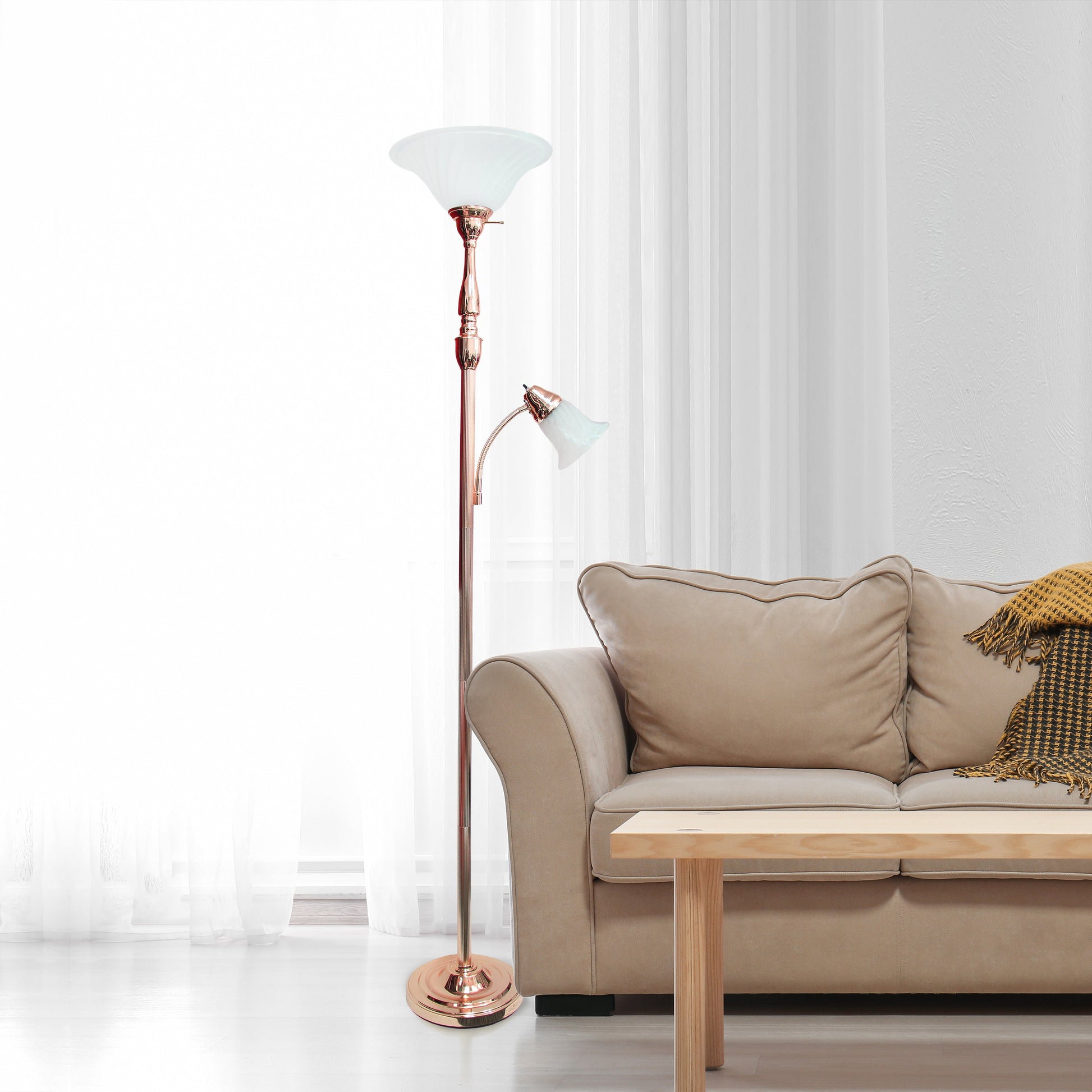 All The Rages Lalia Home Rose Gold Torchiere Floor Lamp With Reading Light & Marble Glass Shades