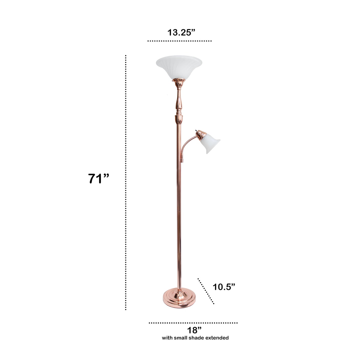All The Rages Lalia Home Rose Gold Torchiere Floor Lamp With Reading Light & Marble Glass Shades