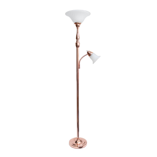 All The Rages Lalia Home Rose Gold Torchiere Floor Lamp With Reading Light & Marble Glass Shades