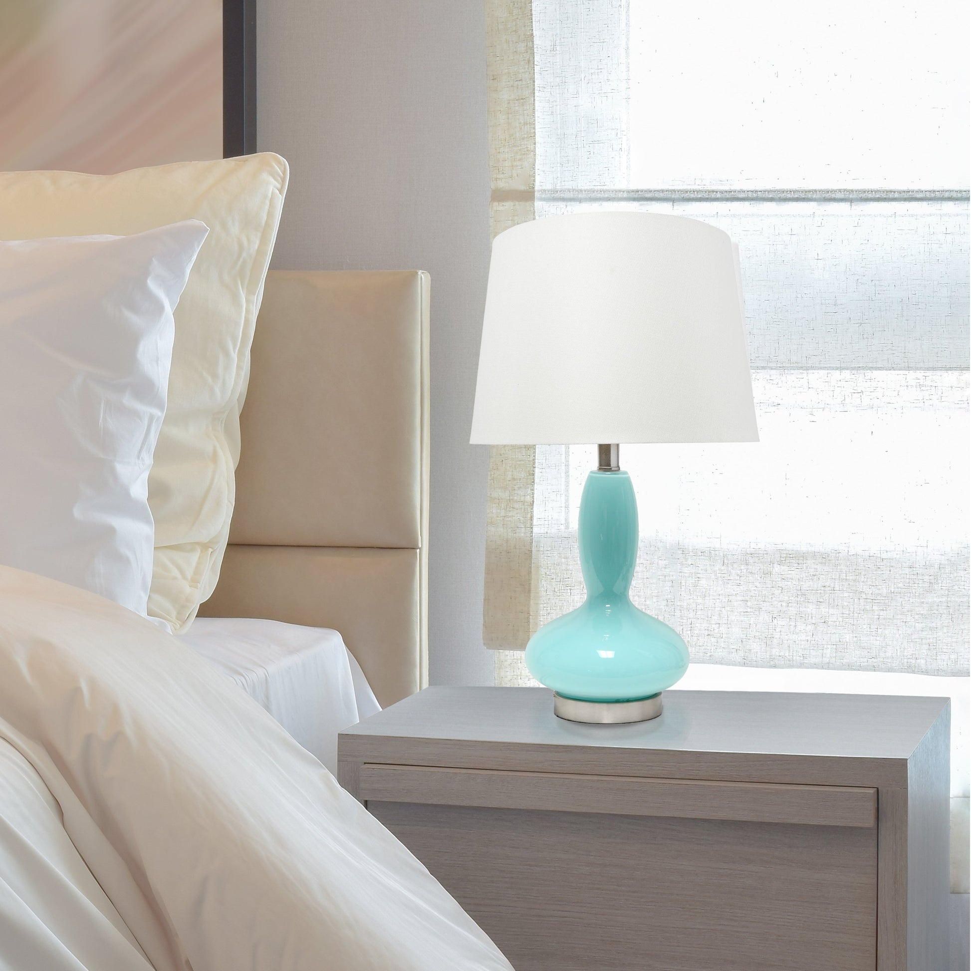 All The Rages Lalia Home Seafoam Glass Dollop Table Lamp With White Fabric Shade