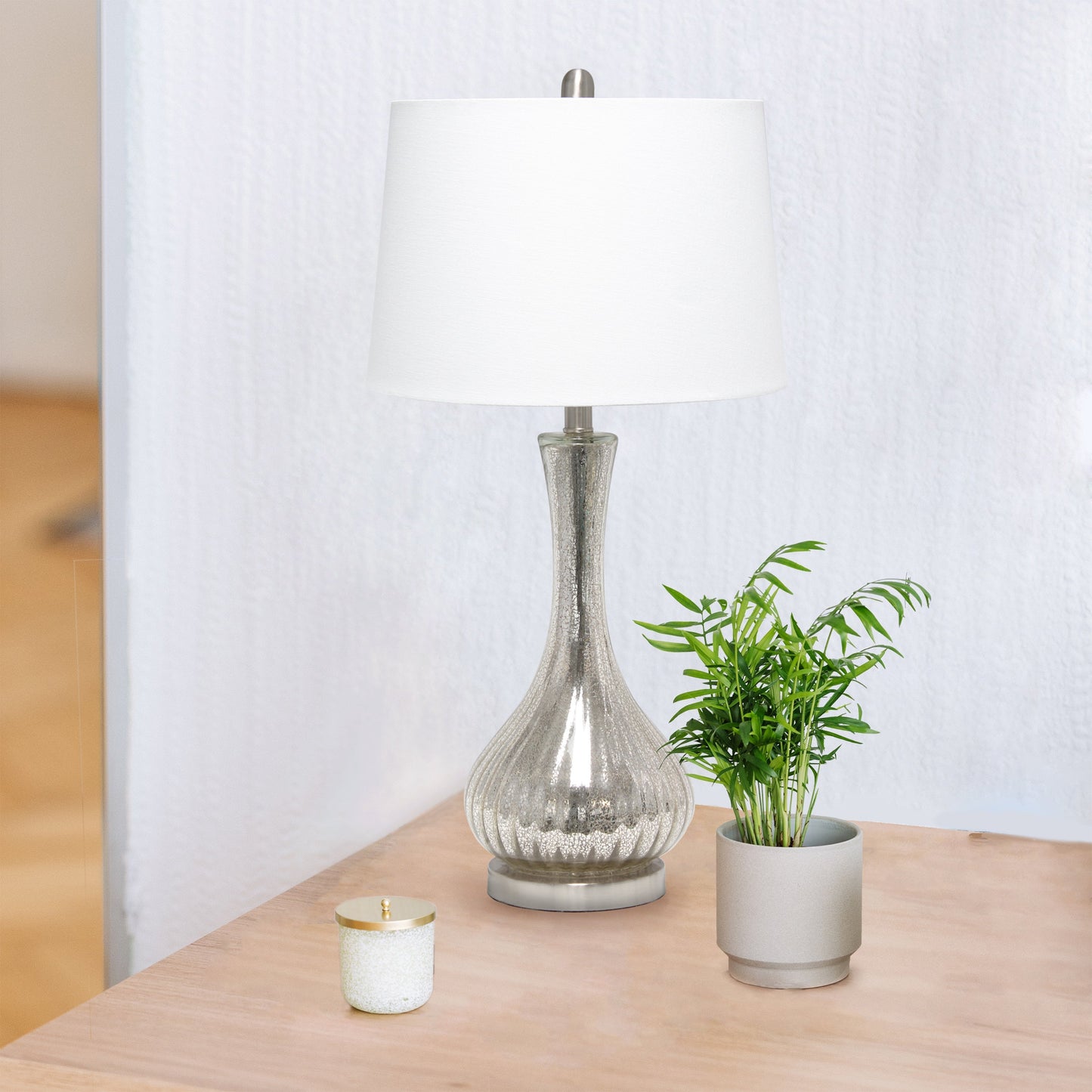 All The Rages Lalia Home Speckled Mercury Tear Drop Table Lamp With White Fabric Shade