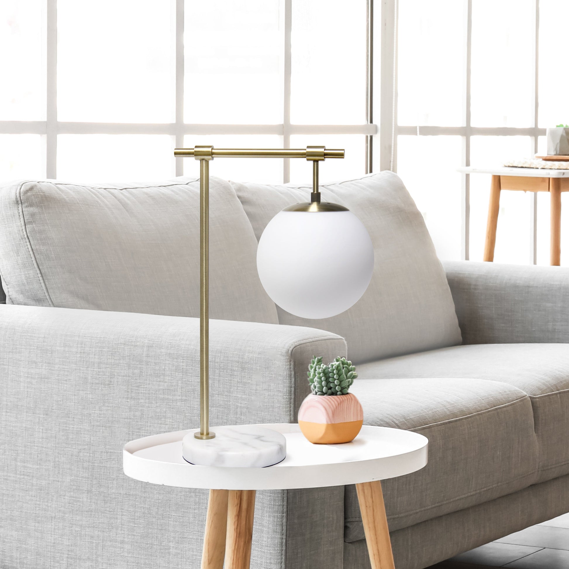 All The Rages Lalia Home Studio Loft 21" White Globe Shade Table Lamp With Marble Base & Antique Brass Arm