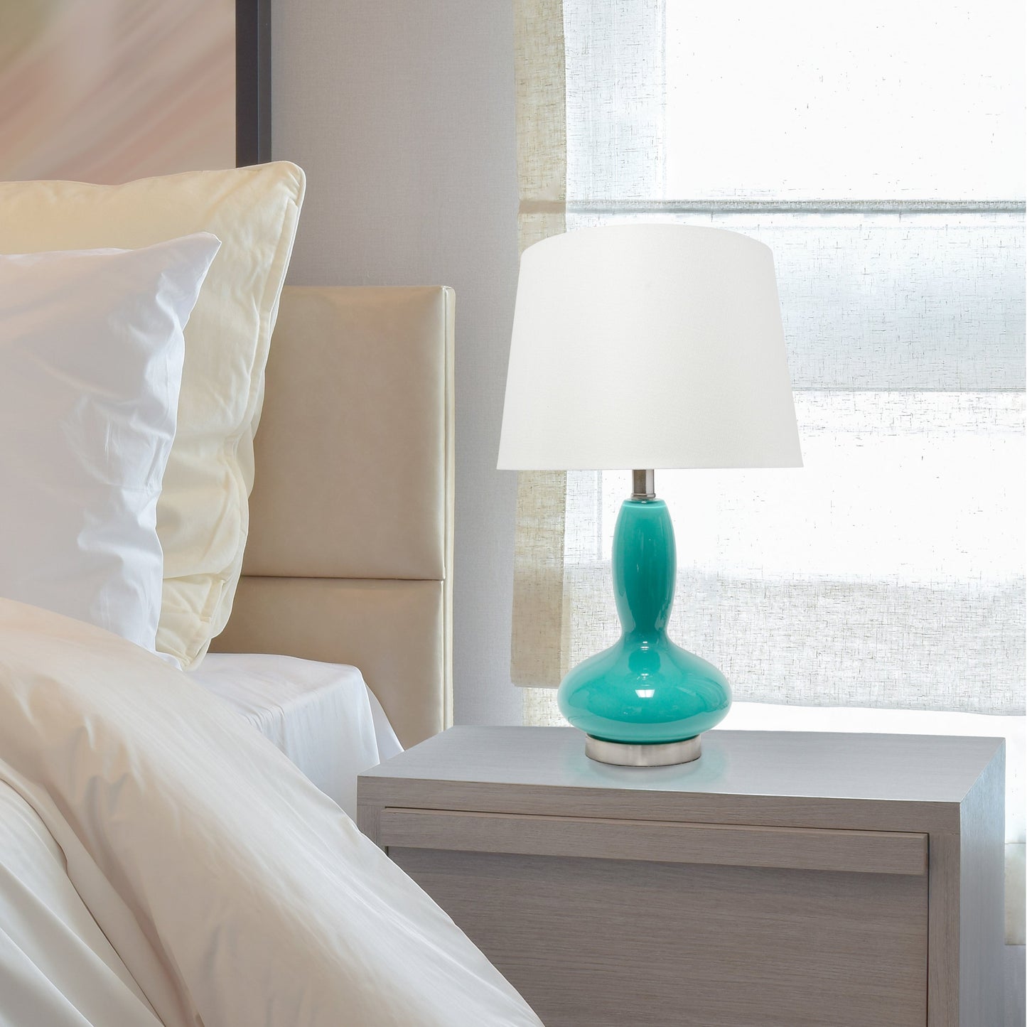 All The Rages Lalia Home Teal Glass Dollop Table Lamp With White Fabric Shade