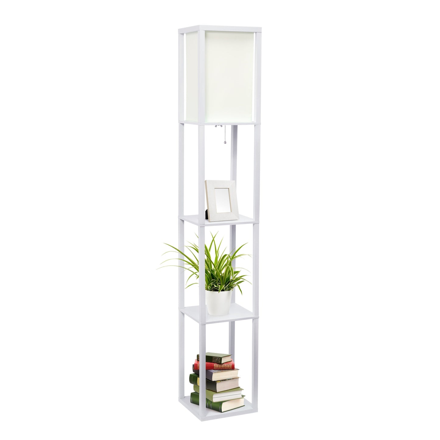 All The Rages Lalia Home White Column Shelf Floor Lamp With A Linen Shade