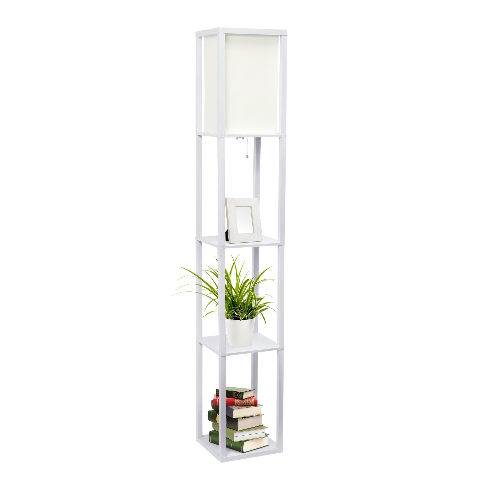 All The Rages Lalia Home White Column Shelf Floor Lamp With A Linen Shade