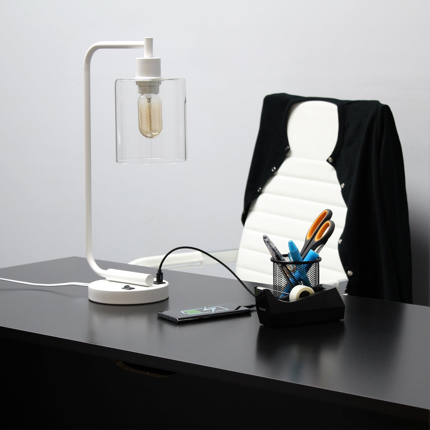 All The Rages Lalia Home White Iron Table Lamp With USB Port & Glass Shade