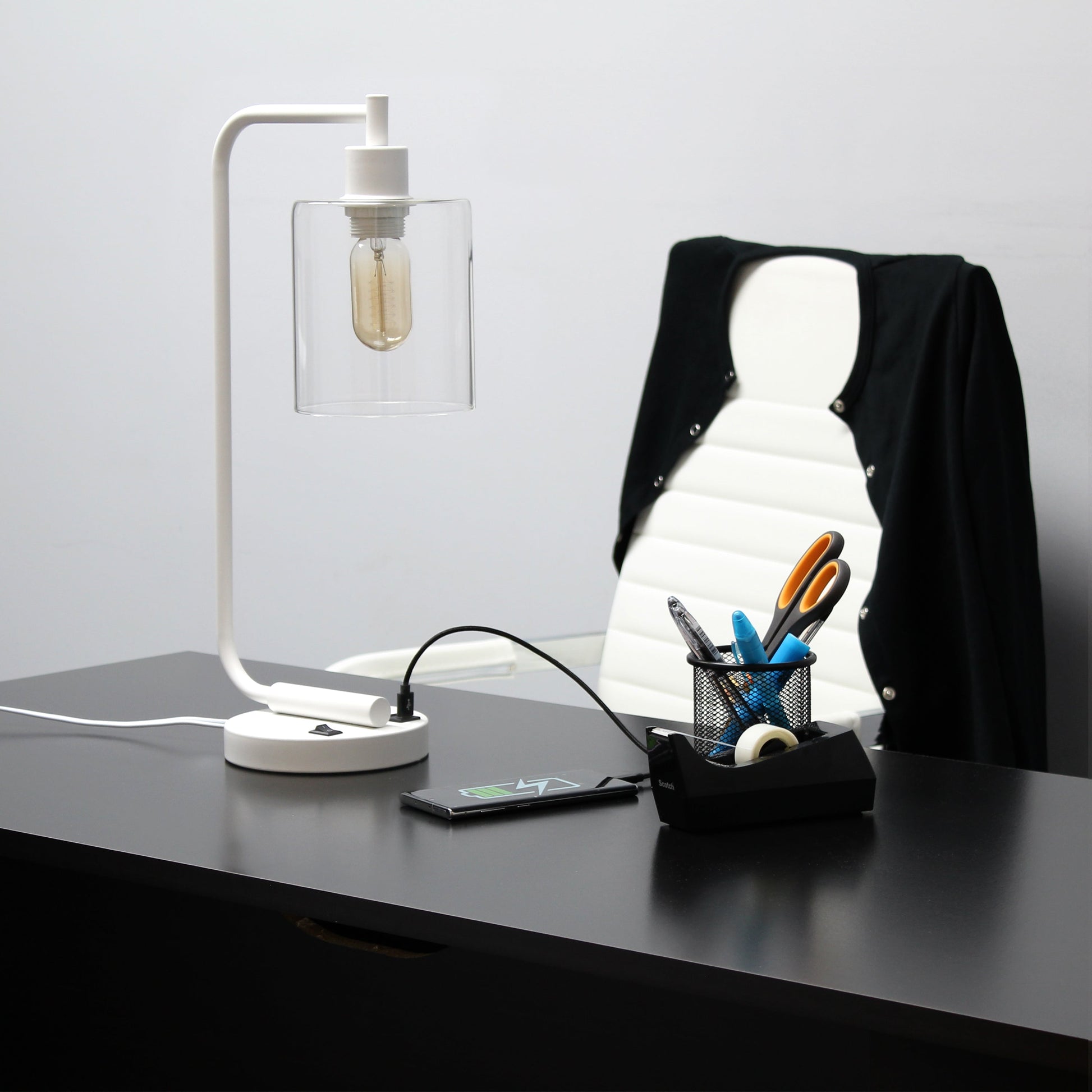 All The Rages Lalia Home White Iron Table Lamp With USB Port & Glass Shade