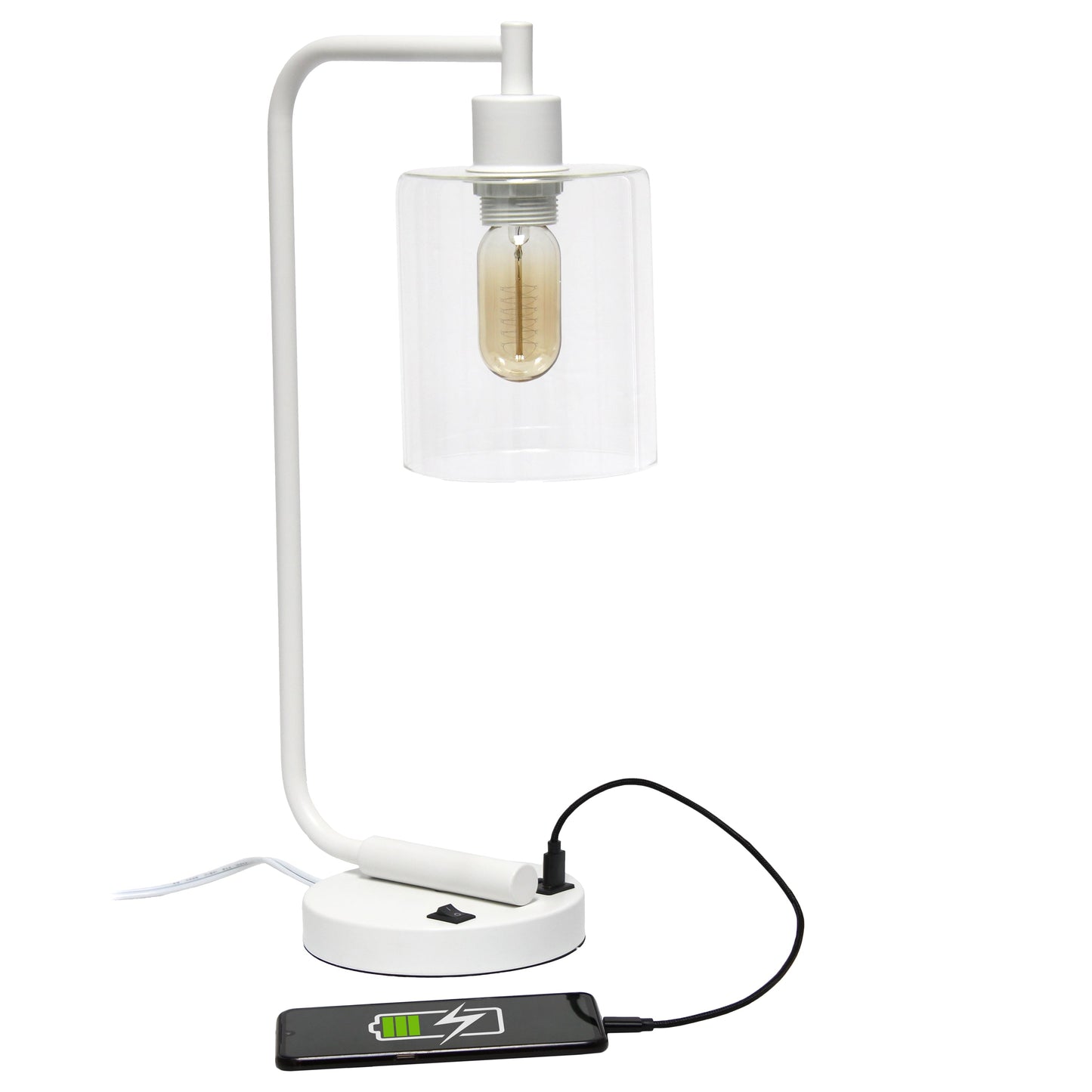 All The Rages Lalia Home White Iron Table Lamp With USB Port & Glass Shade