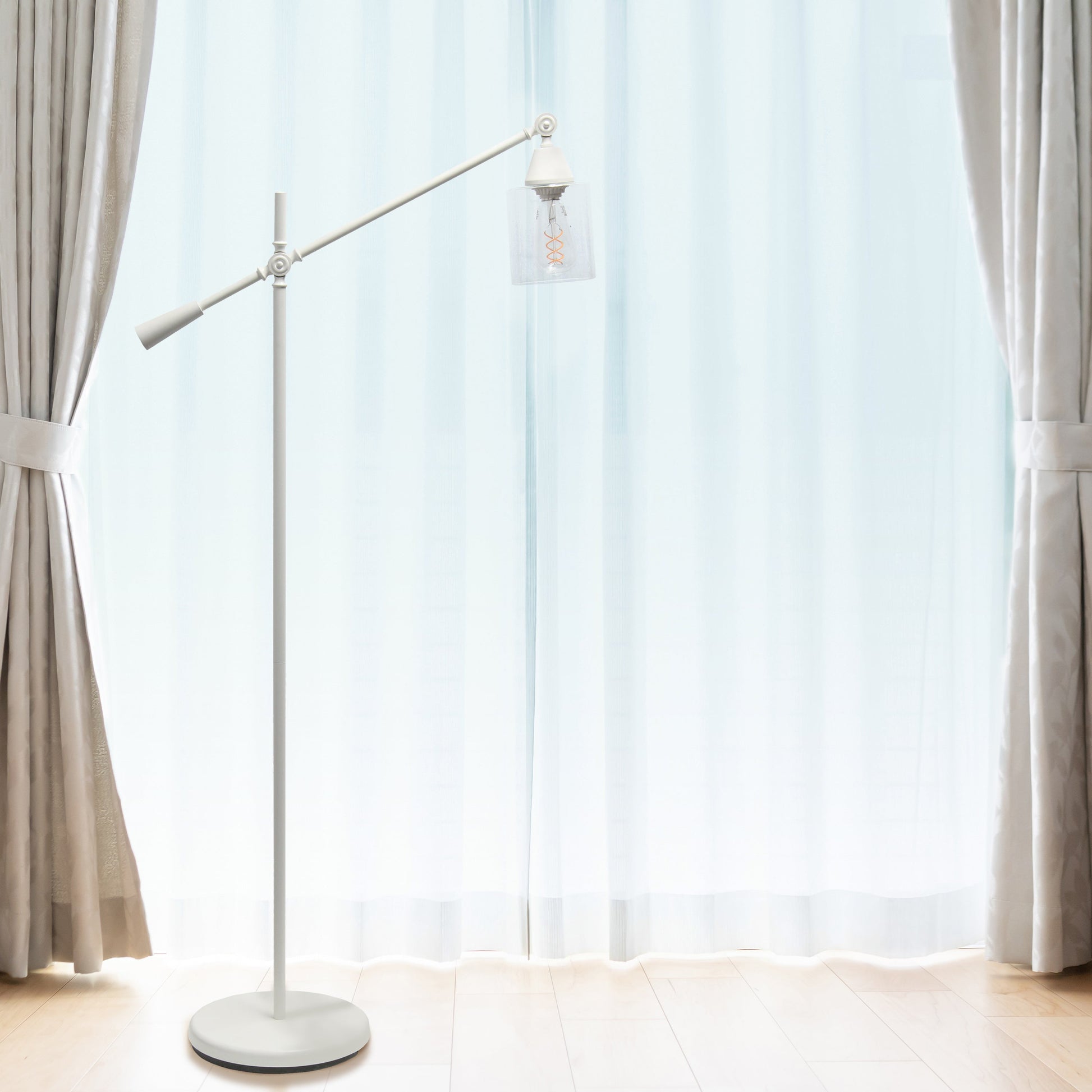 All The Rages Lalia Home White Swing Arm Floor Lamp With Clear Glass Cylindrical Shade