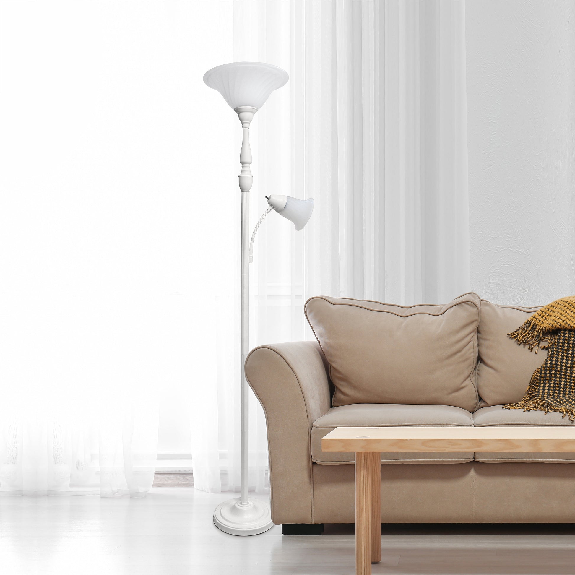 All The Rages Lalia Home White Torchiere Floor Lamp With Reading Light & Marble Glass Shades