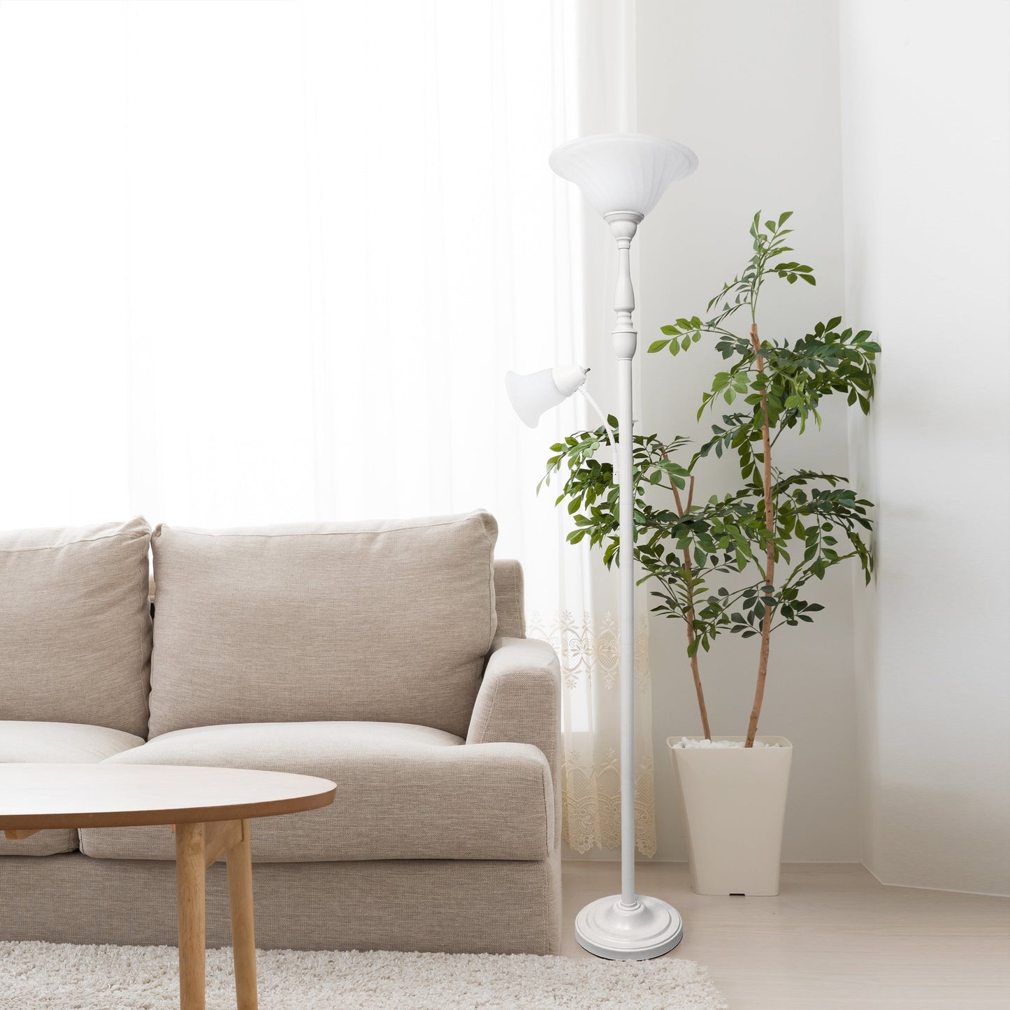 All The Rages Lalia Home White Torchiere Floor Lamp With Reading Light & Marble Glass Shades