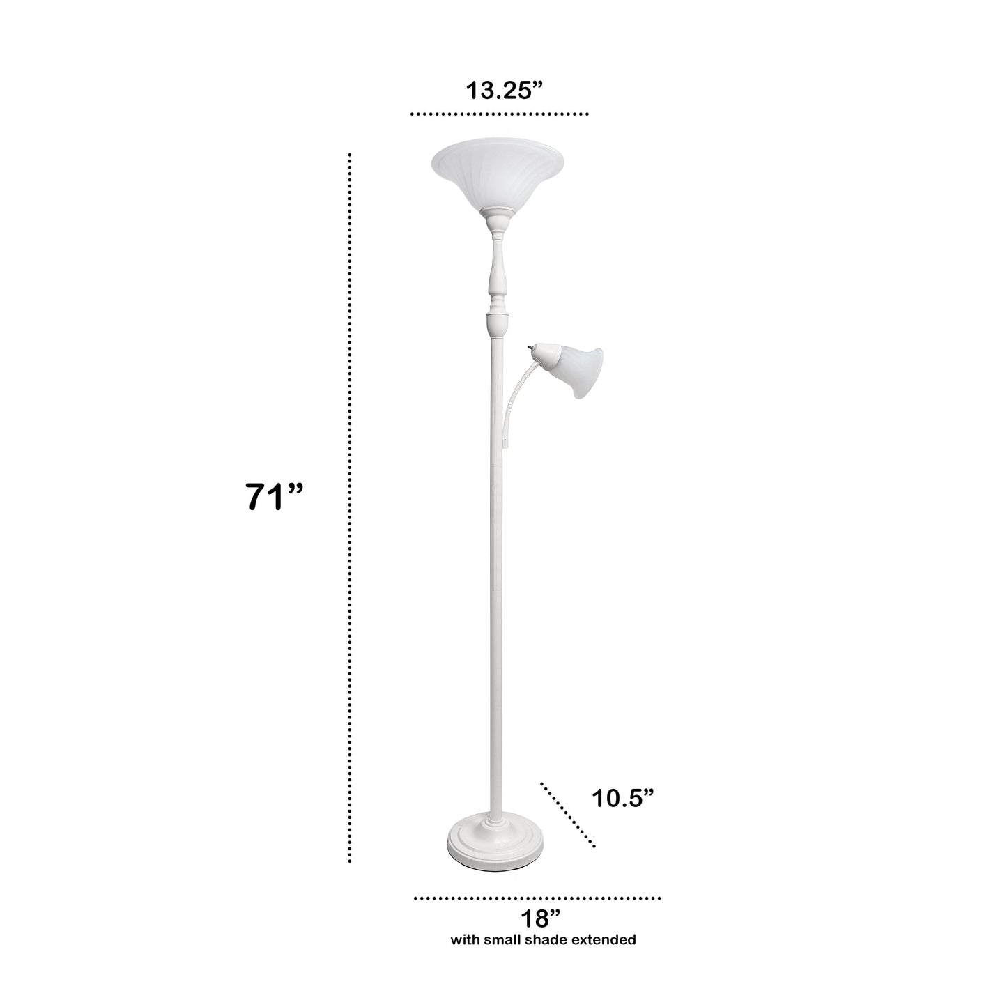 All The Rages Lalia Home White Torchiere Floor Lamp With Reading Light & Marble Glass Shades