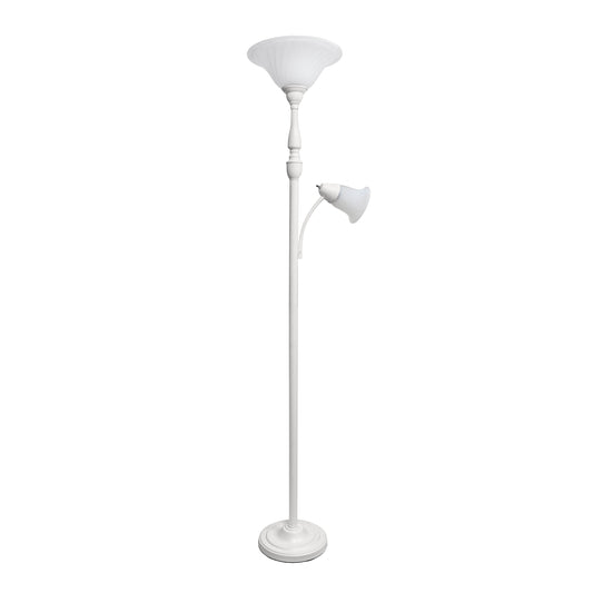 All The Rages Lalia Home White Torchiere Floor Lamp With Reading Light & Marble Glass Shades