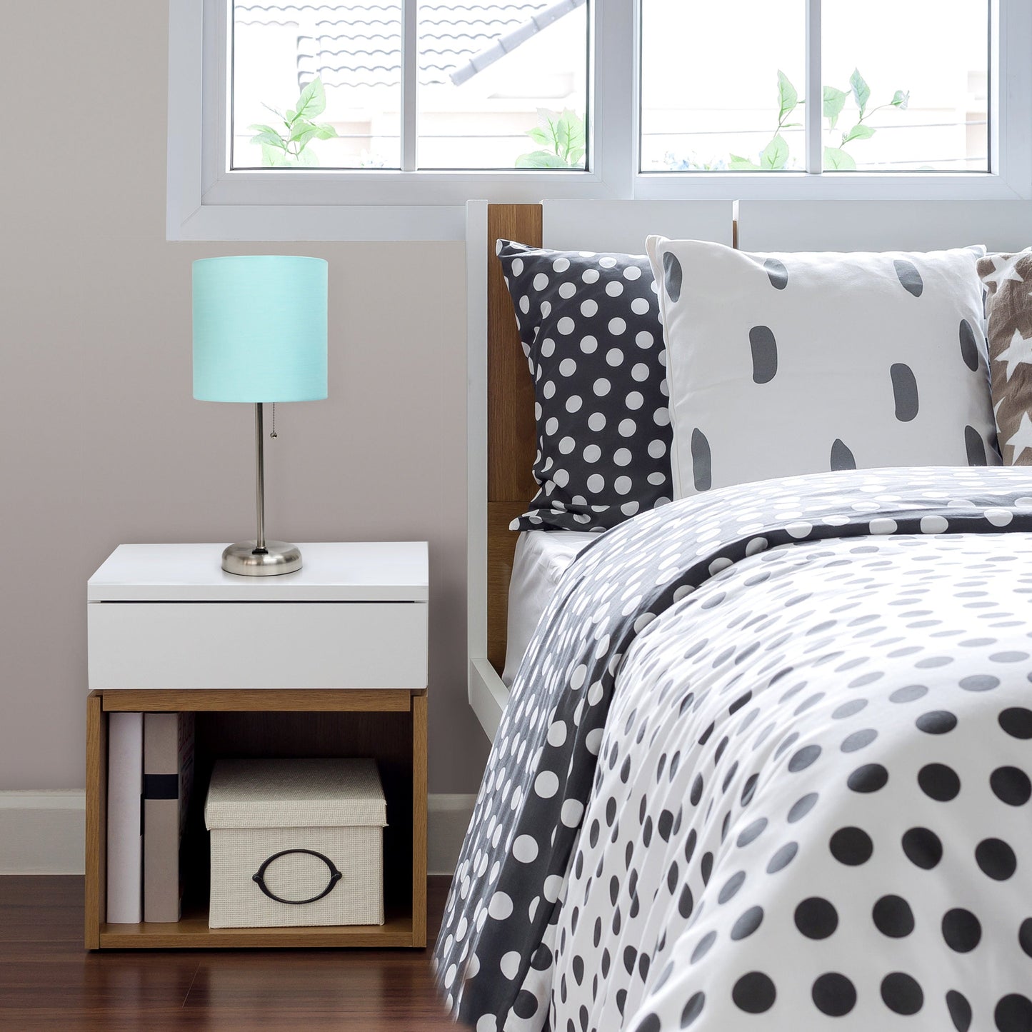 All The Rages LimeLights 2-Piece Aqua Fabric Shade Brushed Steel Lamp With Charging Outlet