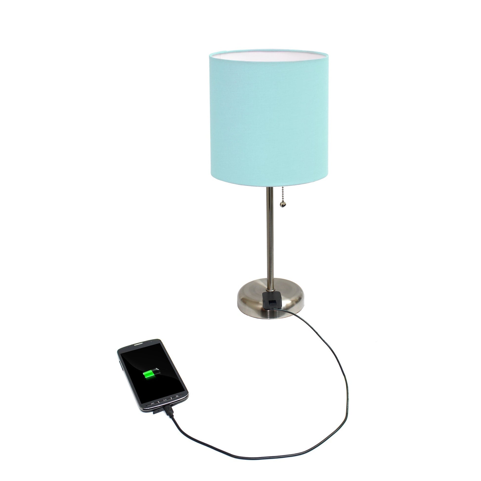 All The Rages LimeLights 2-Piece Aqua Fabric Shade Brushed Steel Lamp With Charging Outlet