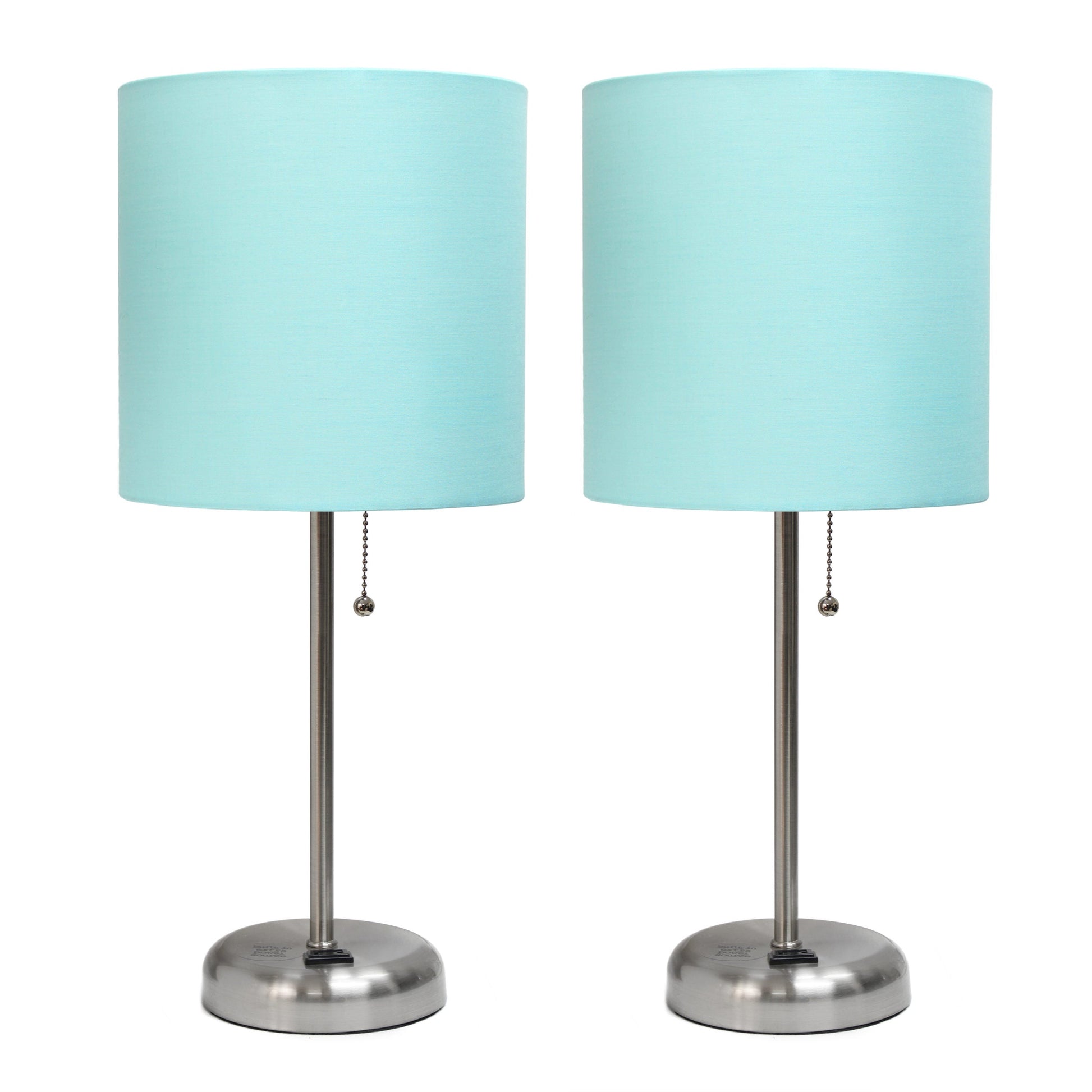 All The Rages LimeLights 2-Piece Aqua Fabric Shade Brushed Steel Lamp With Charging Outlet