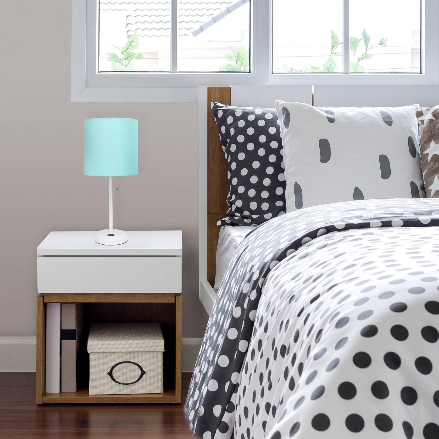 All The Rages LimeLights 2-Piece Aqua Fabric Shade White Lamp With Charging Outlet